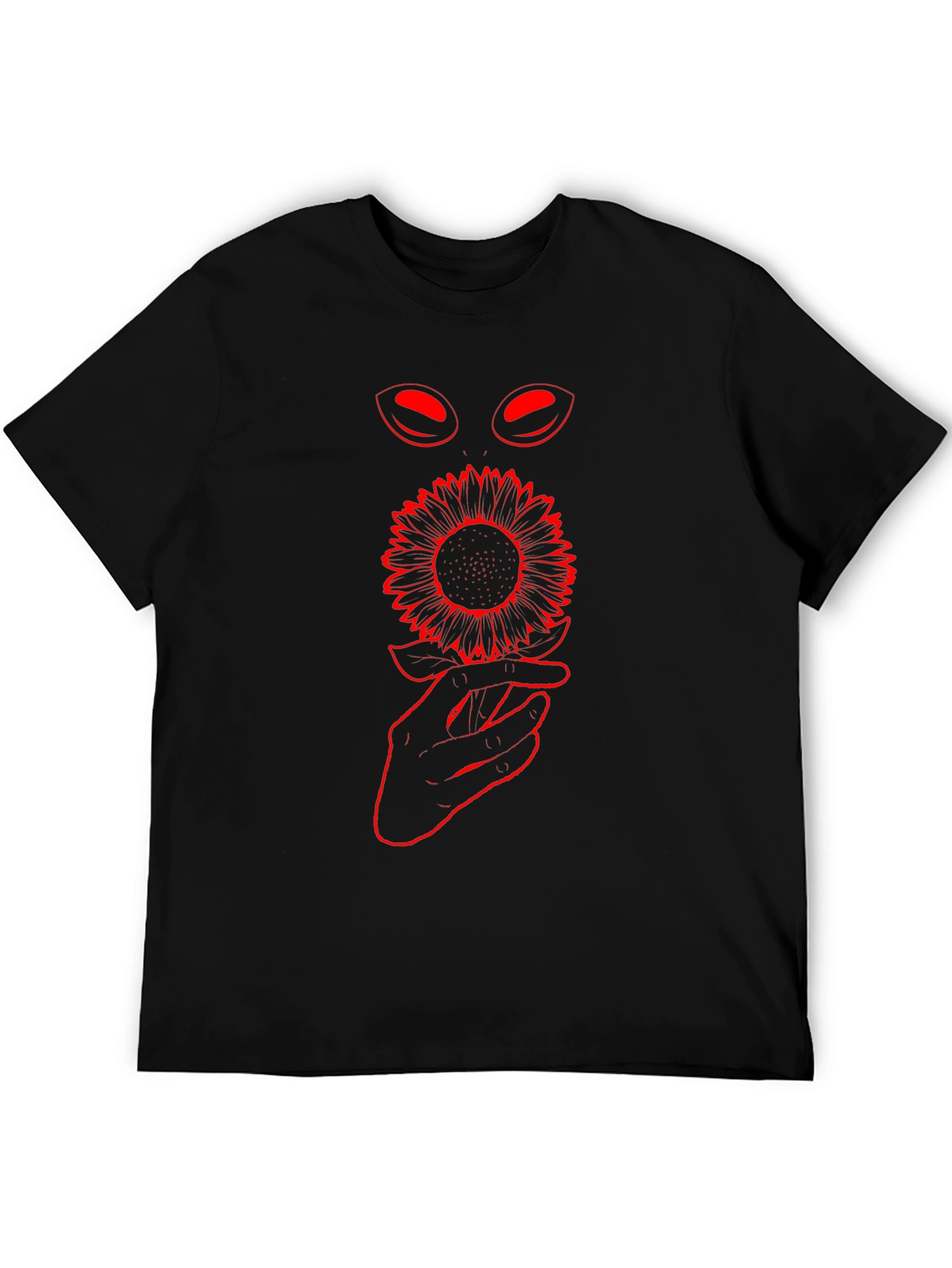 Black T-Shirt with Sunflower and Alien Eye Graphic
