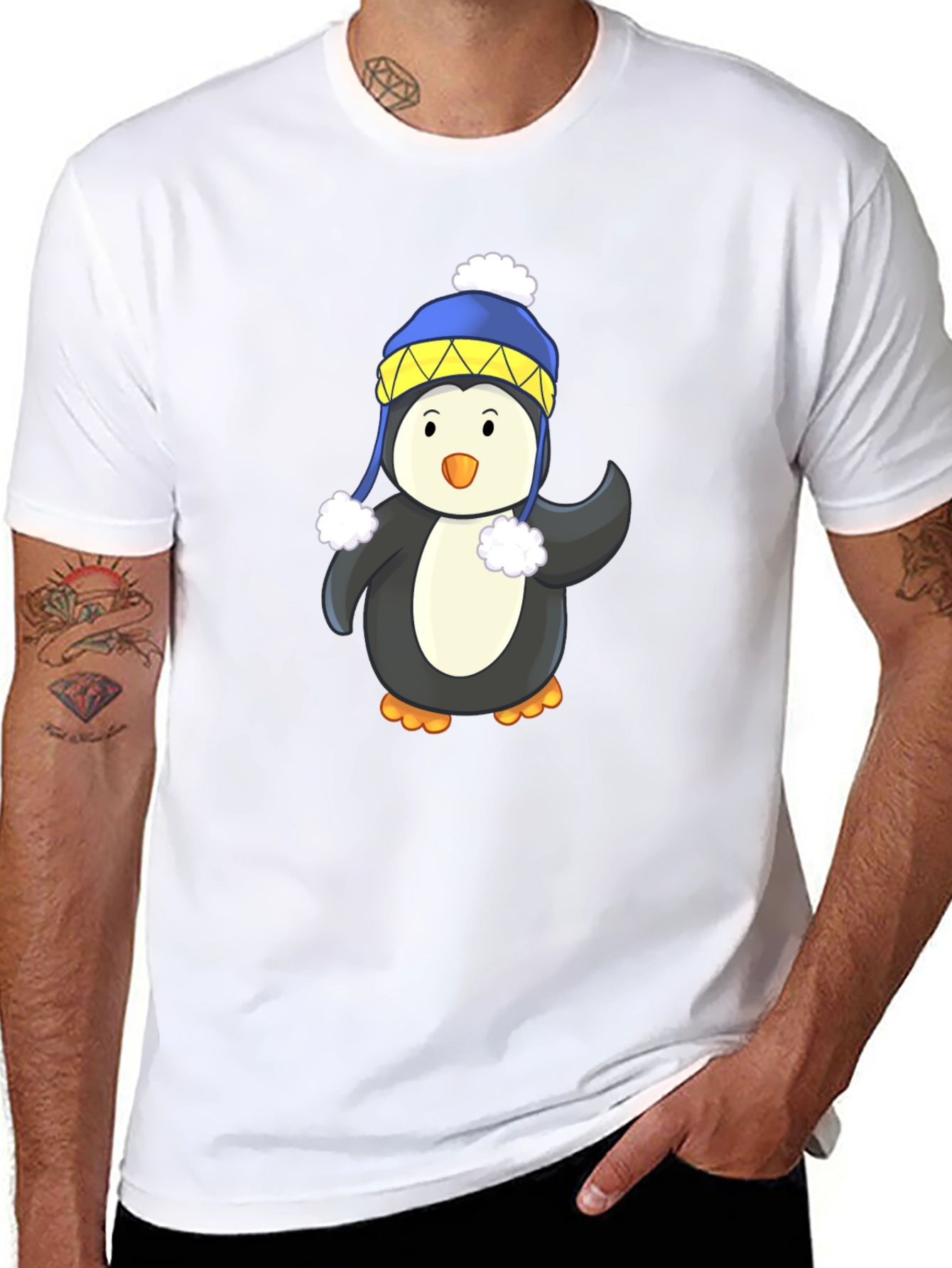 Penguin with Winter Hat Black T-Shirt
