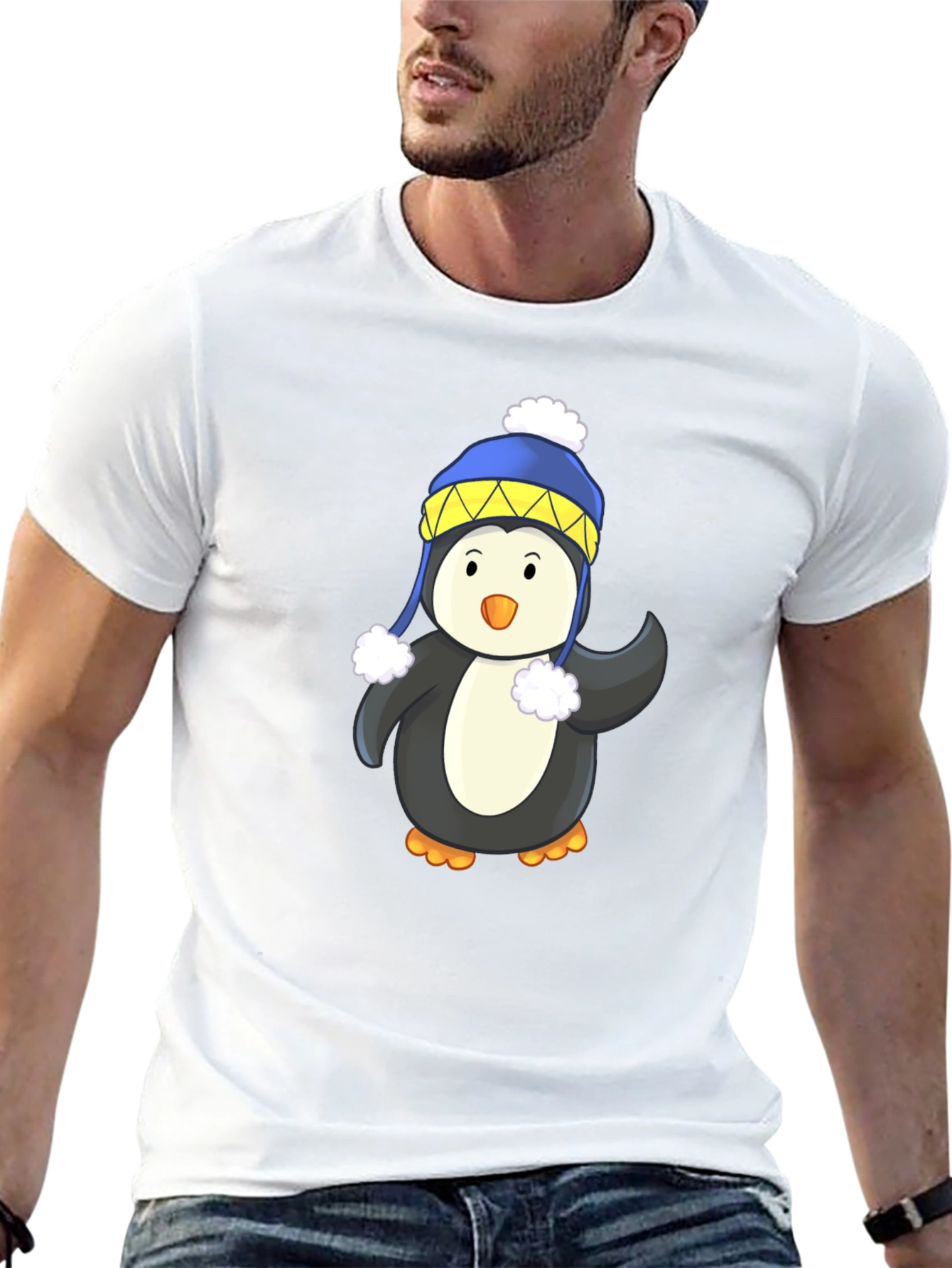 Penguin with Winter Hat Black T-Shirt