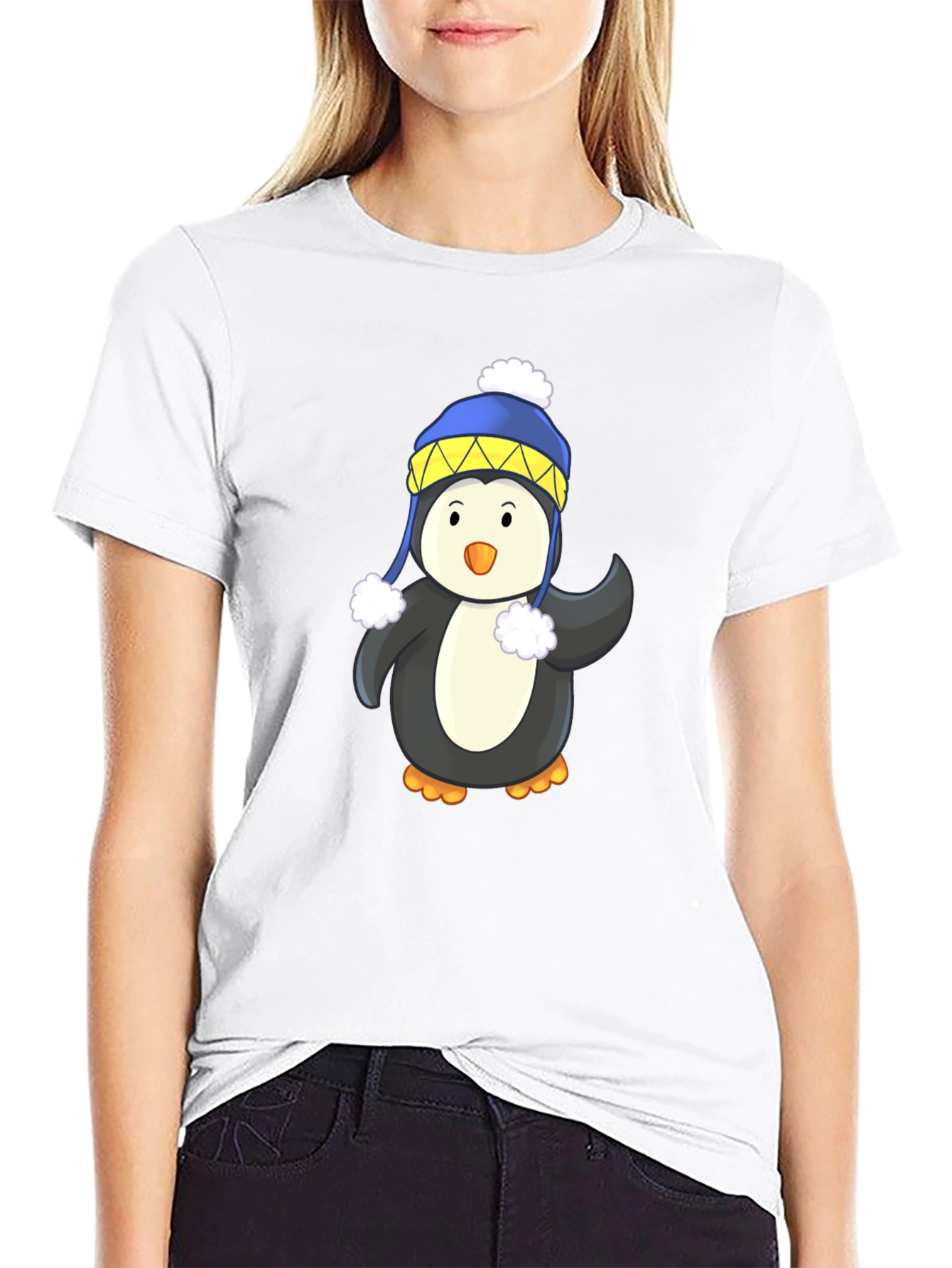 Penguin with Winter Hat Black T-Shirt