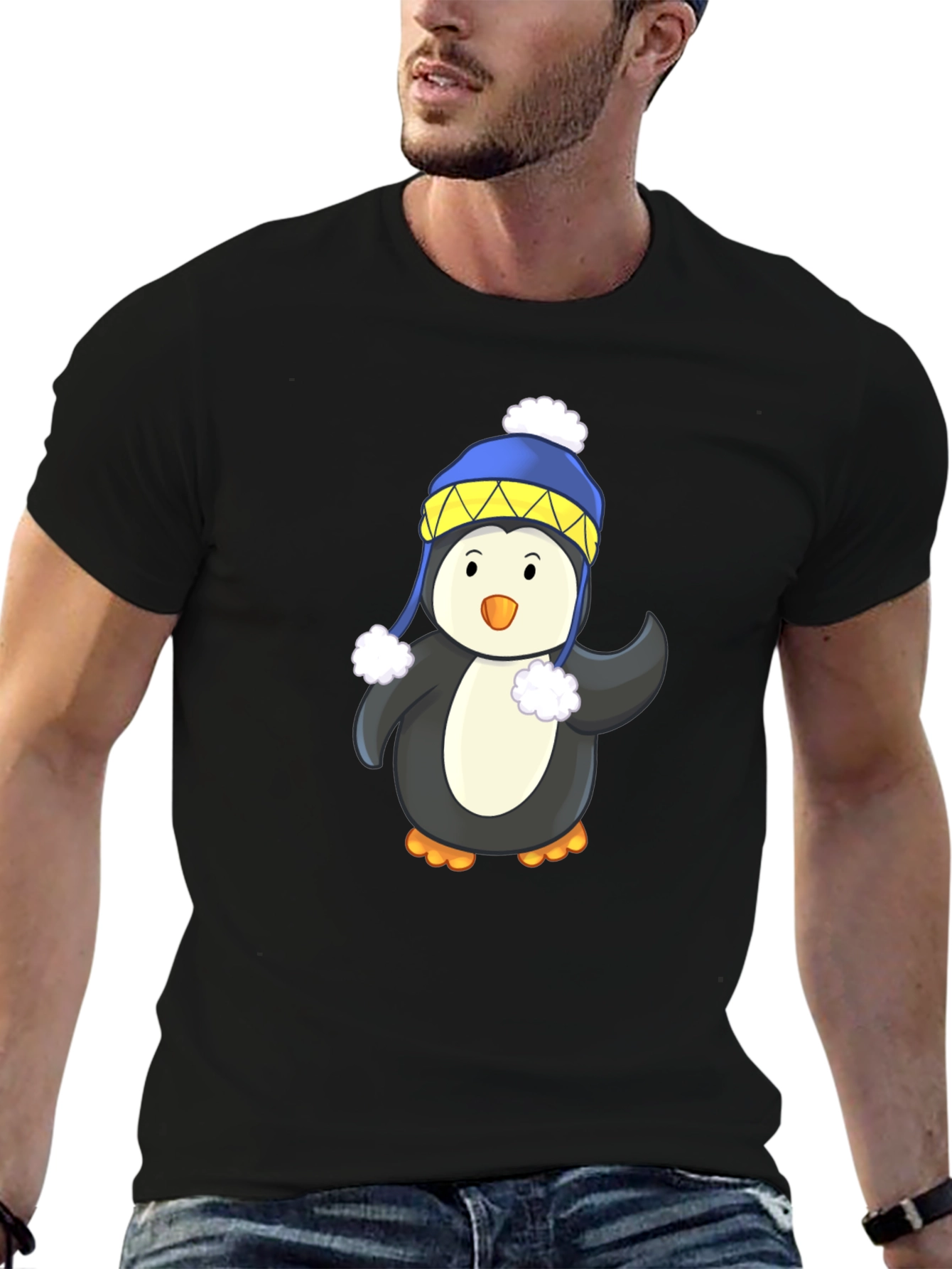 Penguin with Winter Hat Black T-Shirt