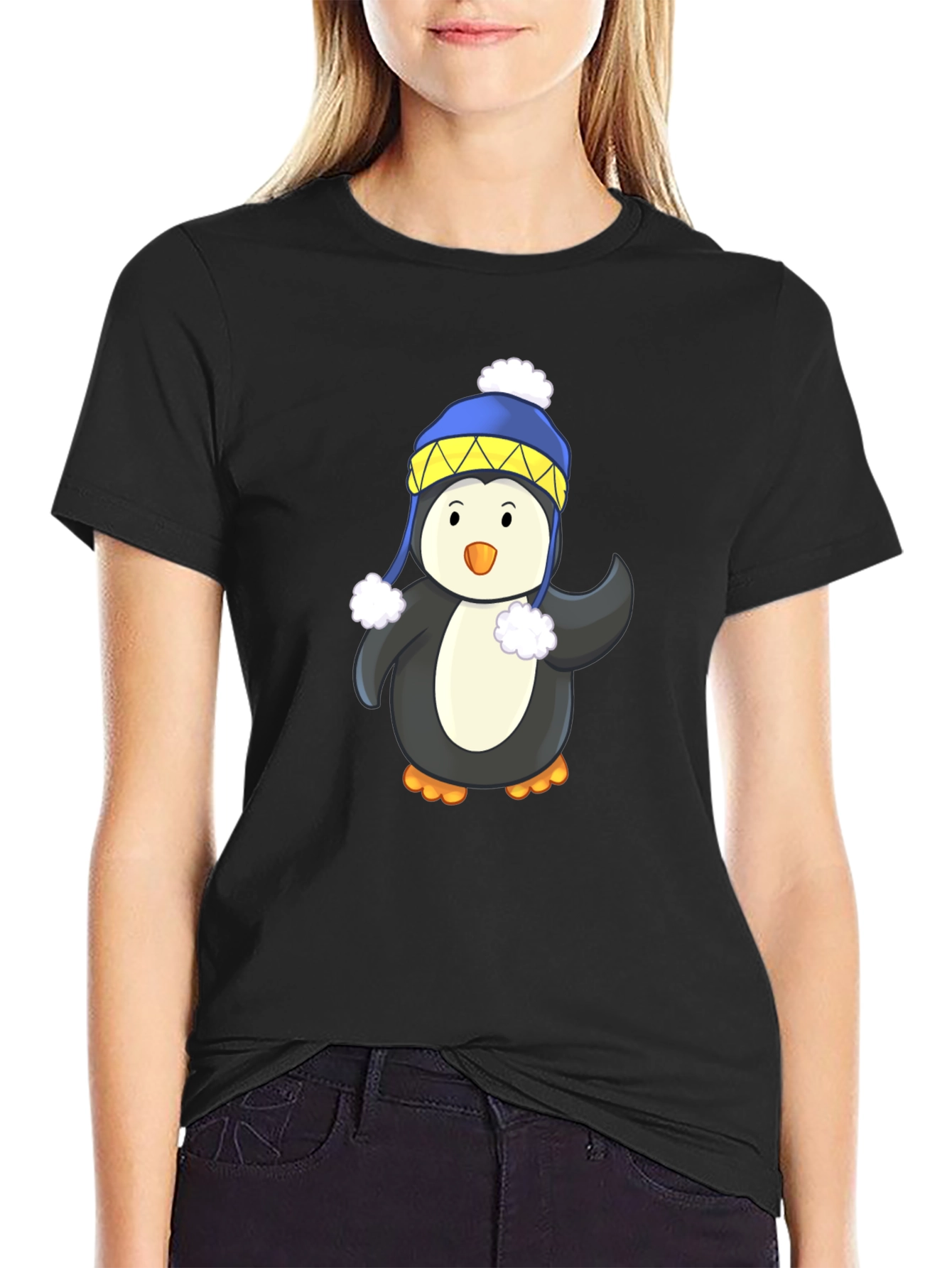 Penguin with Winter Hat Black T-Shirt
