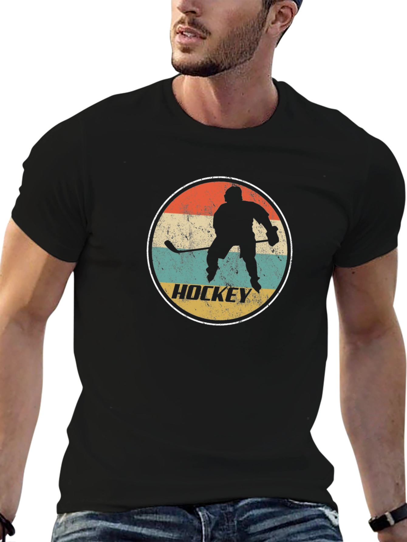 Retro Hockey Player Graphic T-Shirt - Black