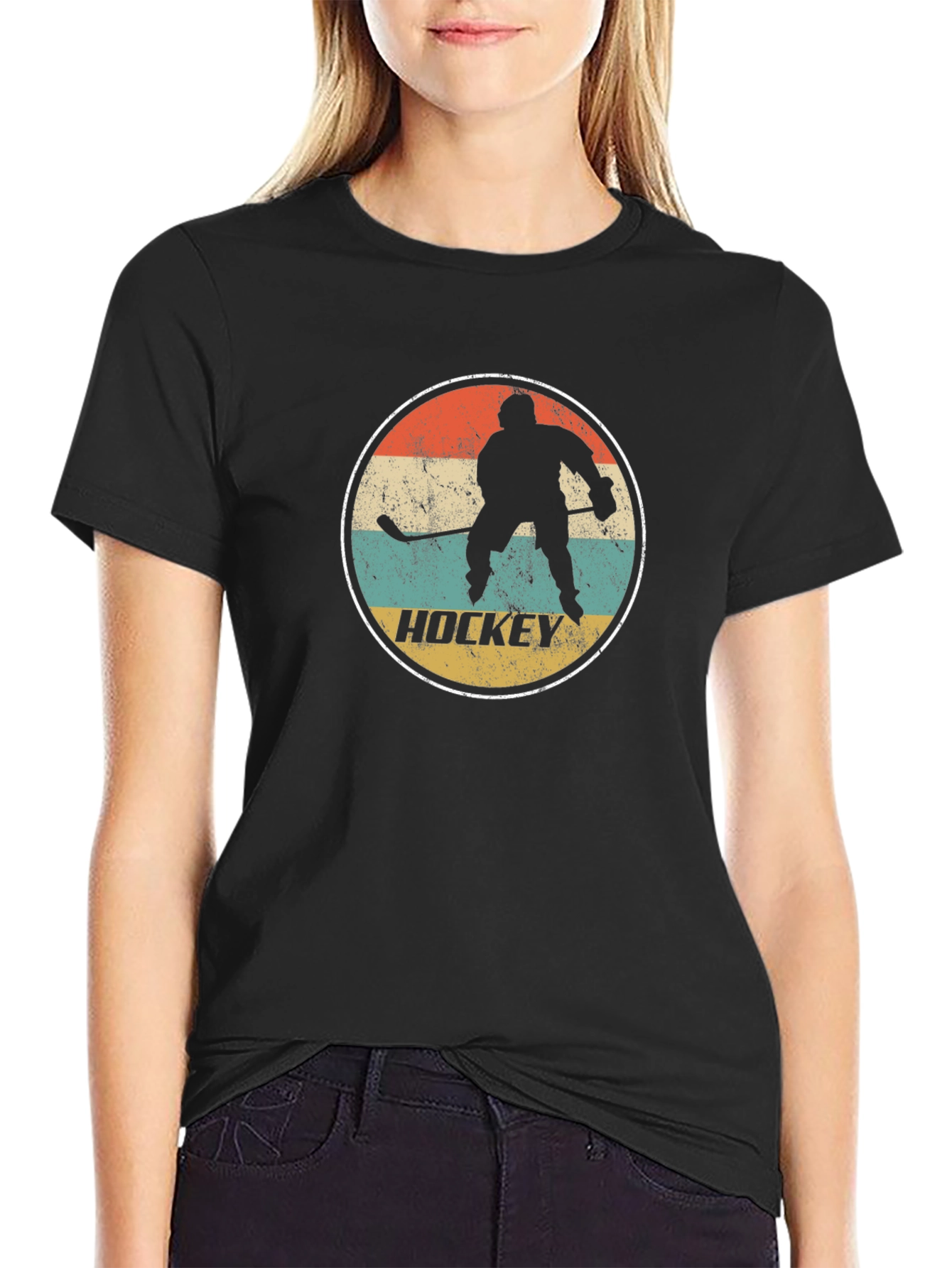 Retro Hockey Player Graphic T-Shirt - Black