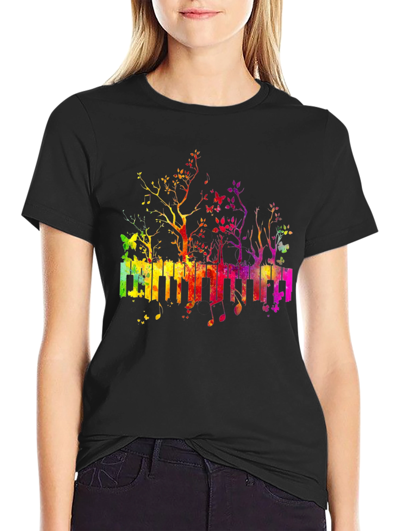 Rainbow Piano Keys T-Shirt - Musical Tree Design