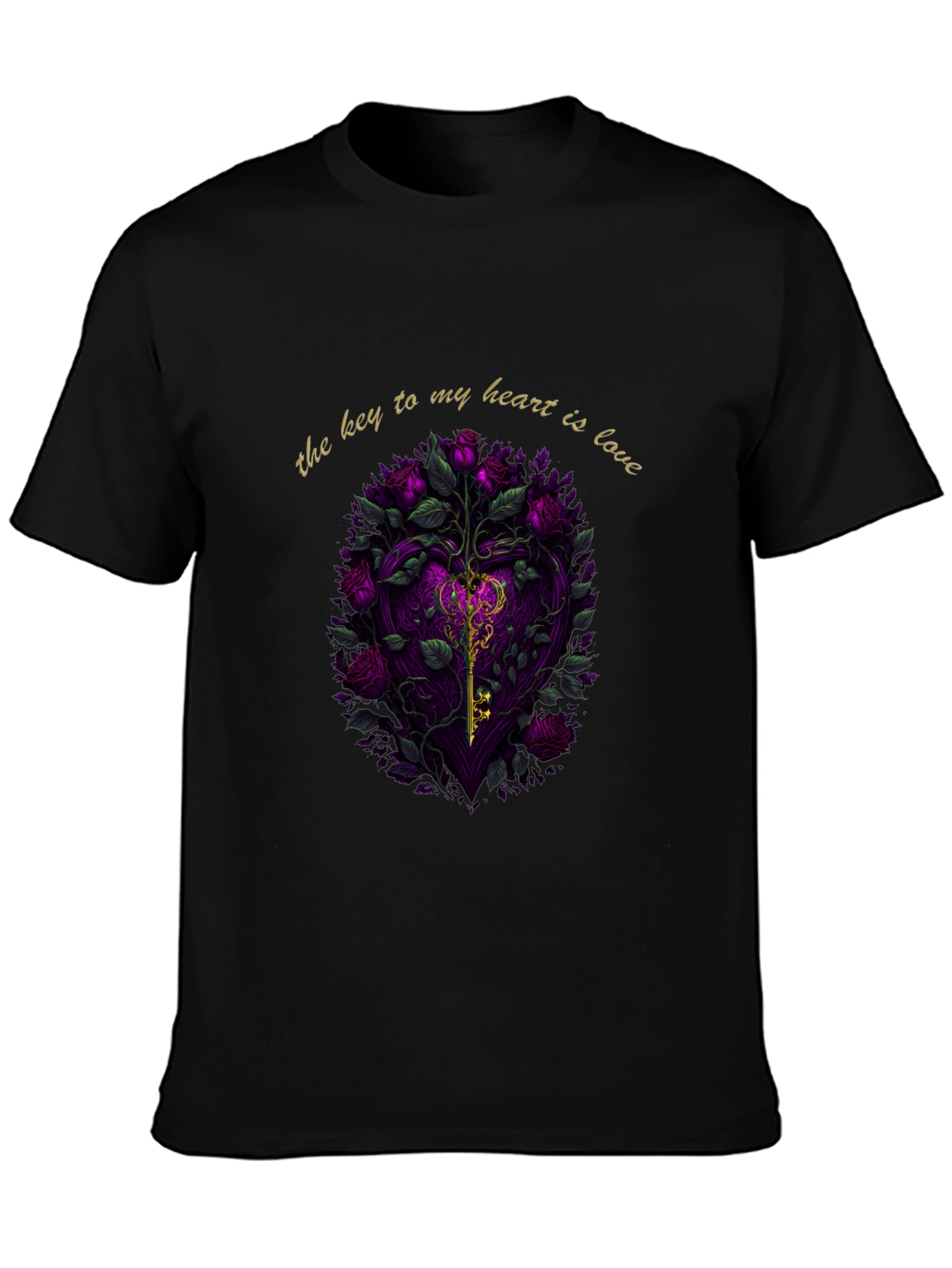Key to My Heart Love Roses Black T-Shirt
