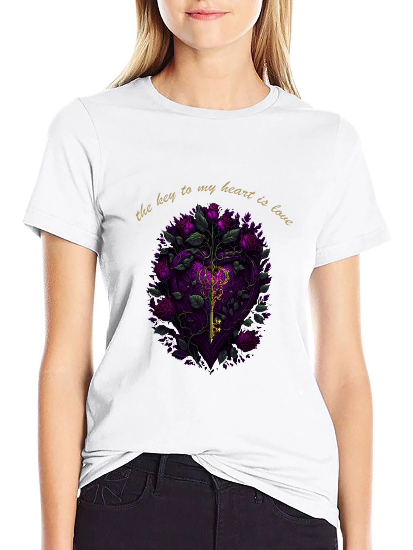 Key to My Heart Love Roses Black T-Shirt