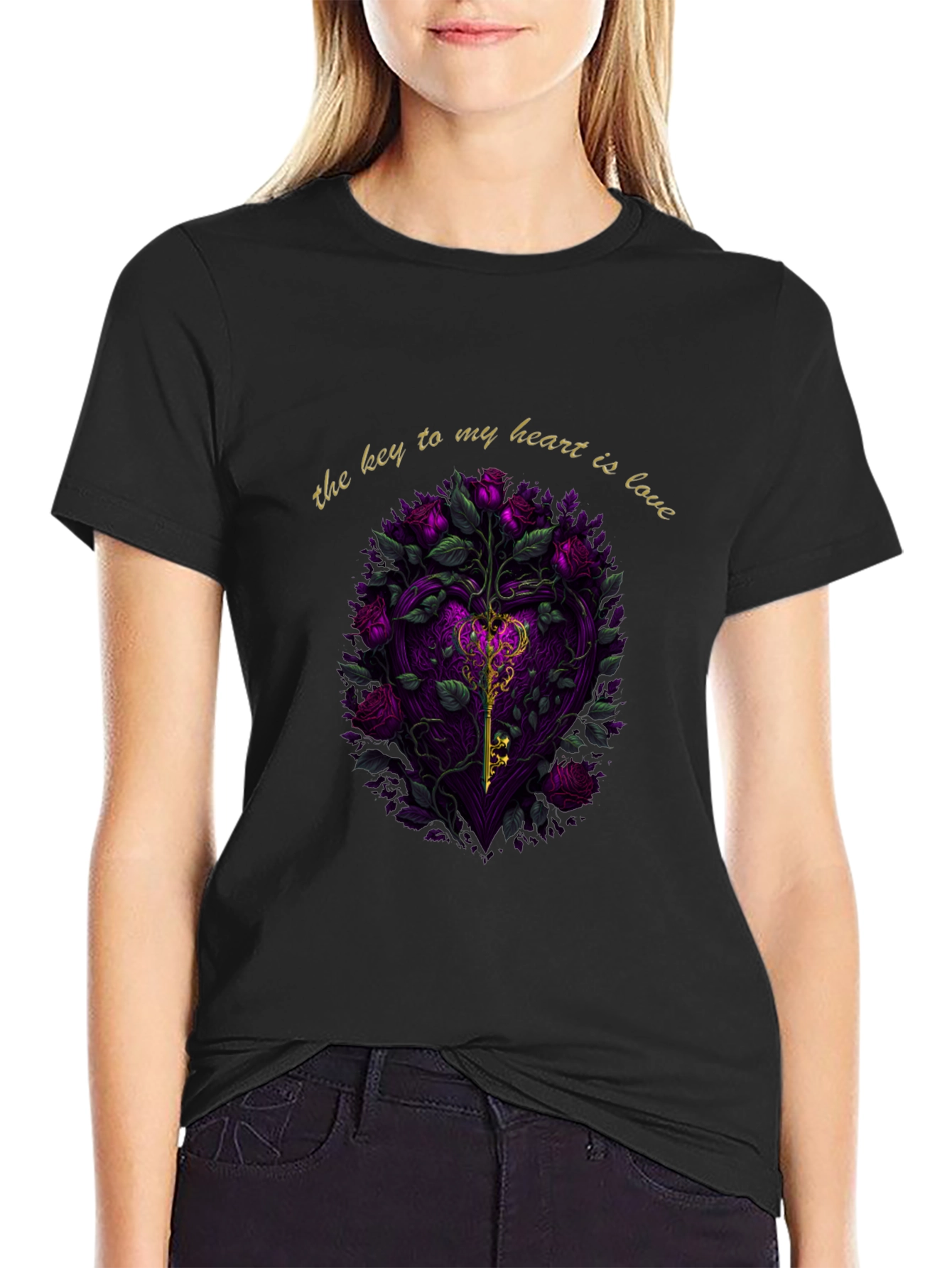 Key to My Heart Love Roses Black T-Shirt