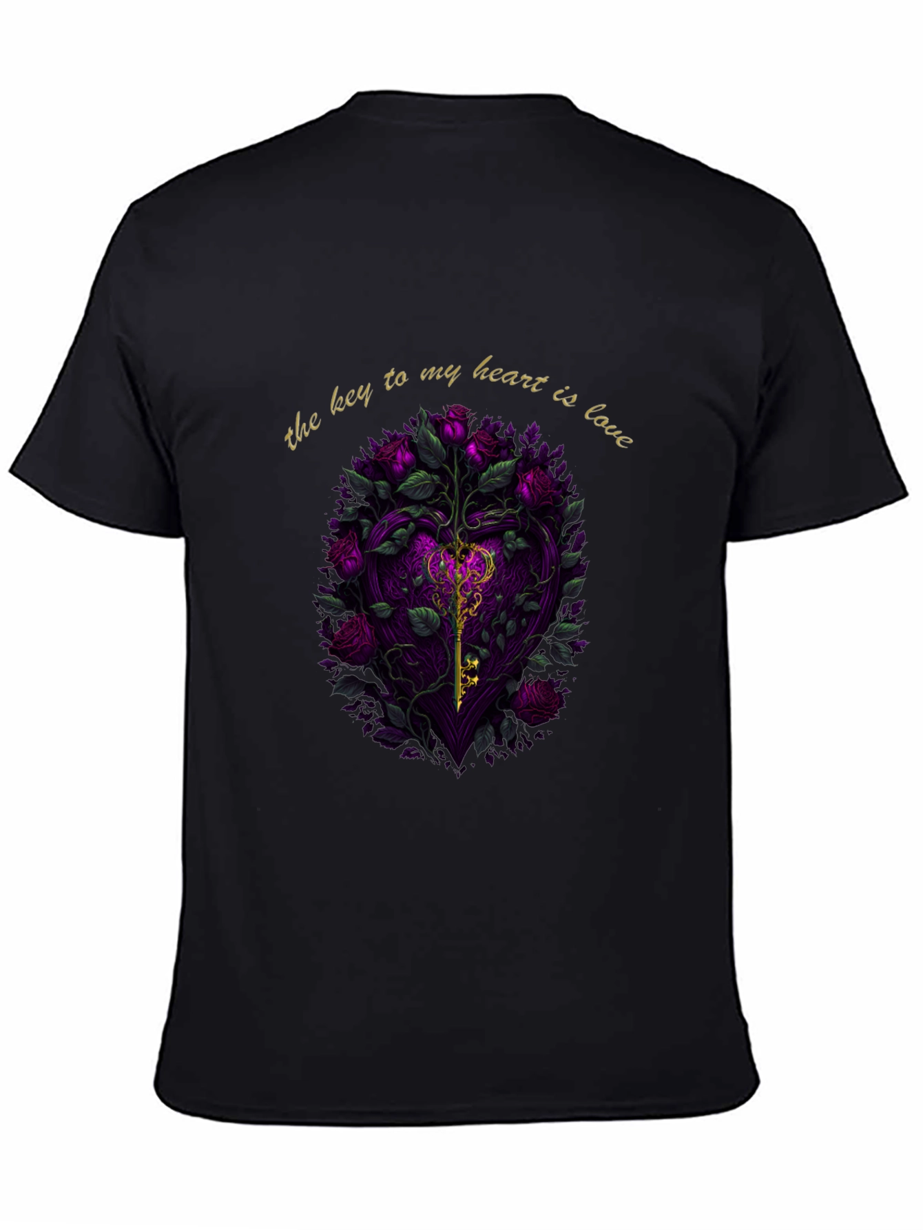 Key to My Heart Love Roses Black T-Shirt