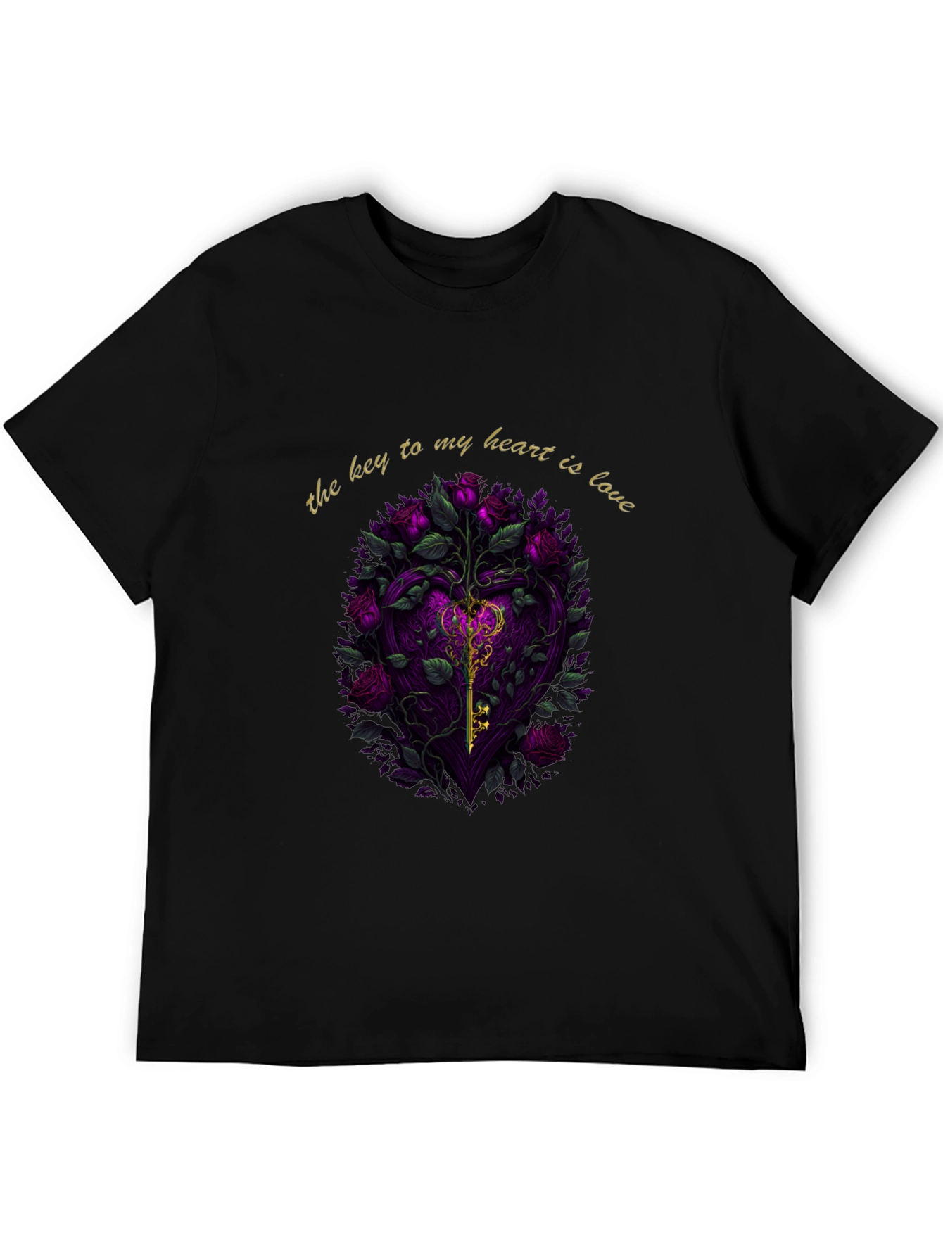 Key to My Heart Love Roses Black T-Shirt