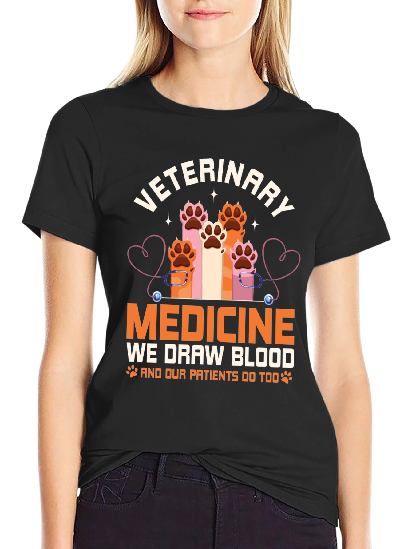 Veterinary Medicine T-Shirt - Paw Prints & Stethoscope Design