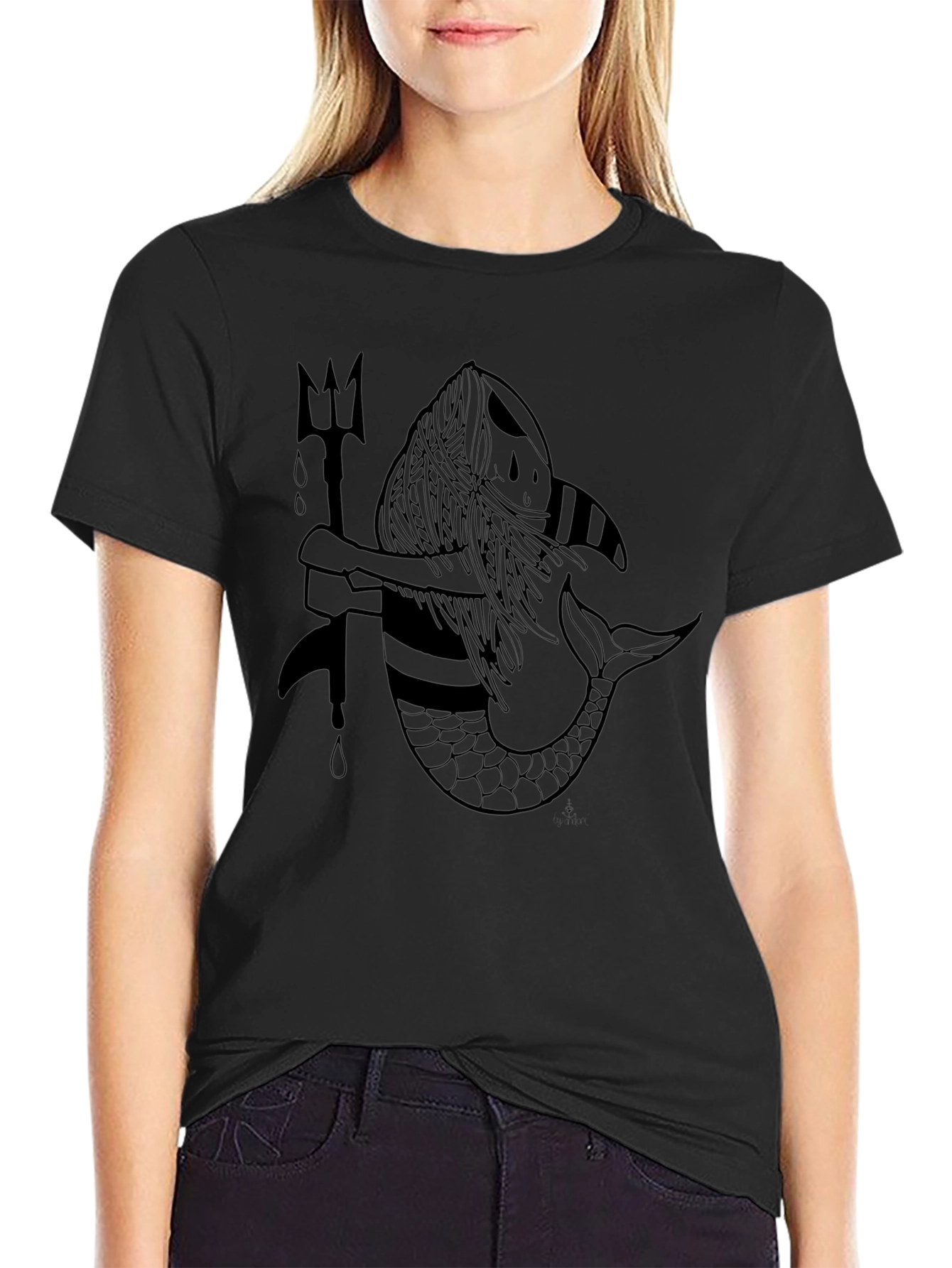Mermaid Trident Graphic T-Shirt - Black