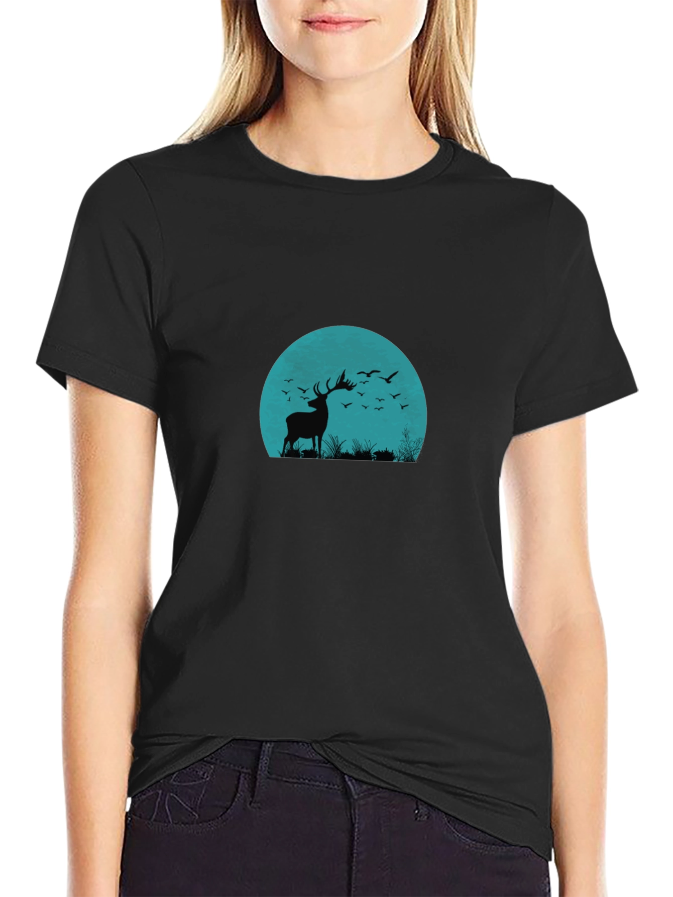 Deer Silhouette Graphic Black T-Shirt