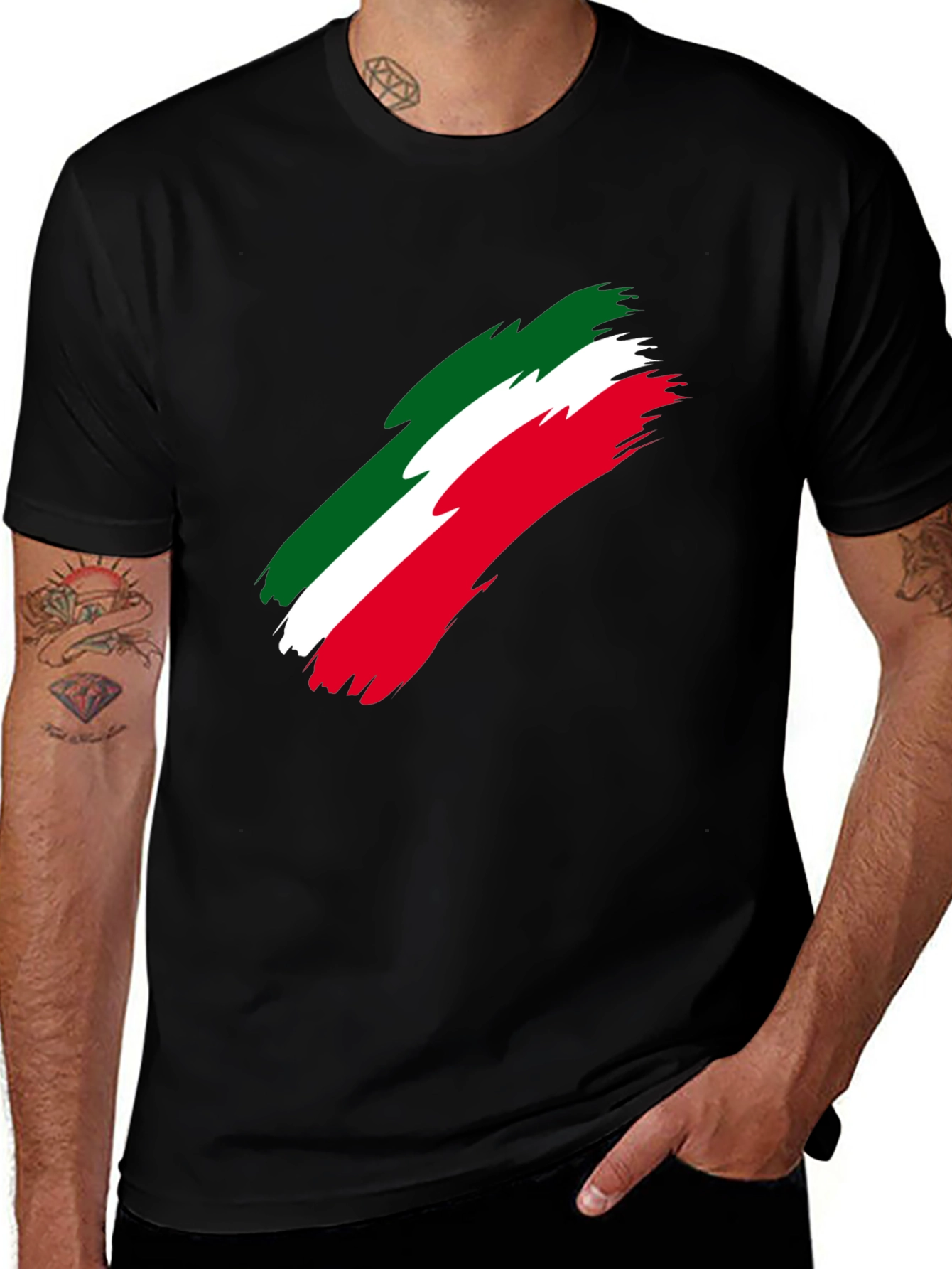 Italian Flag Brushstroke Mens Black T-Shirt
