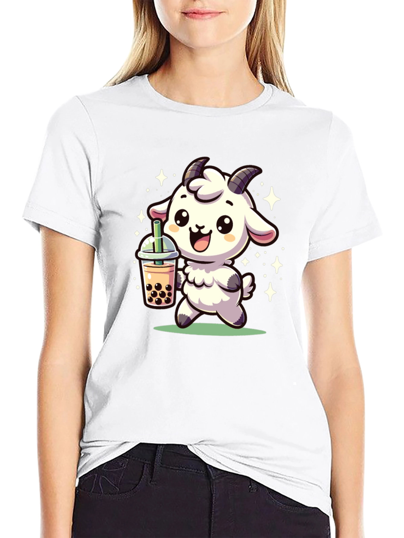 Cute Goat Bubble Tea Black T-Shirt
