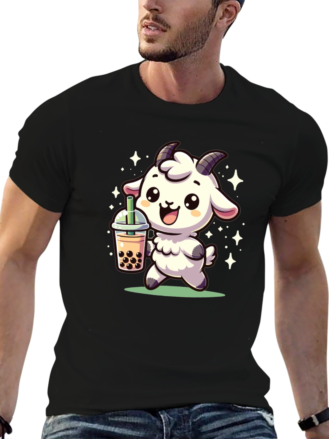Cute Goat Bubble Tea Black T-Shirt