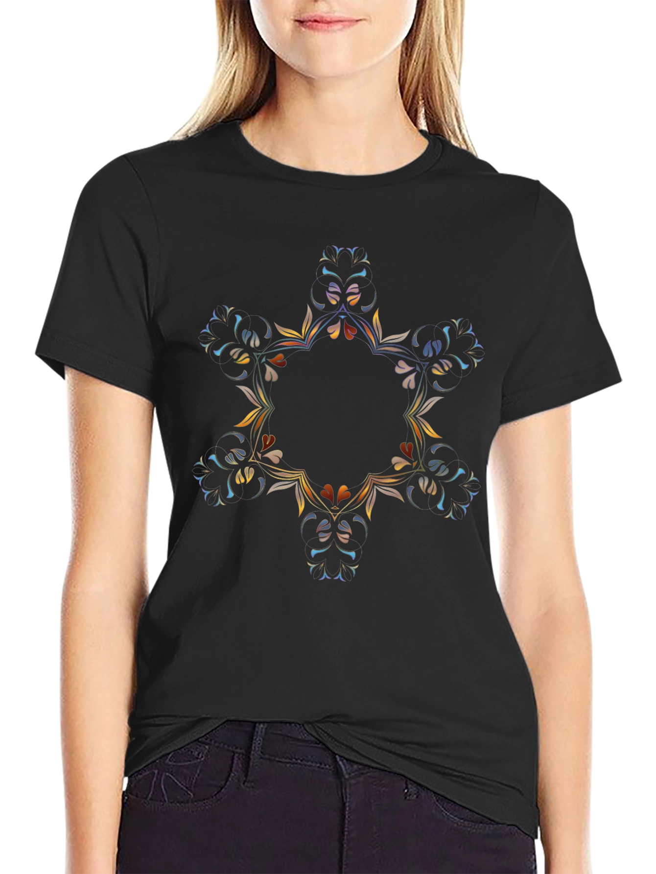 Abstract Floral Mandala Black T-Shirt