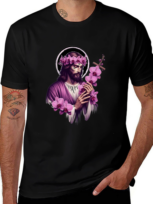 Jesus with Flowers Graphic T-Shirt - Soft Black Cotton Blend