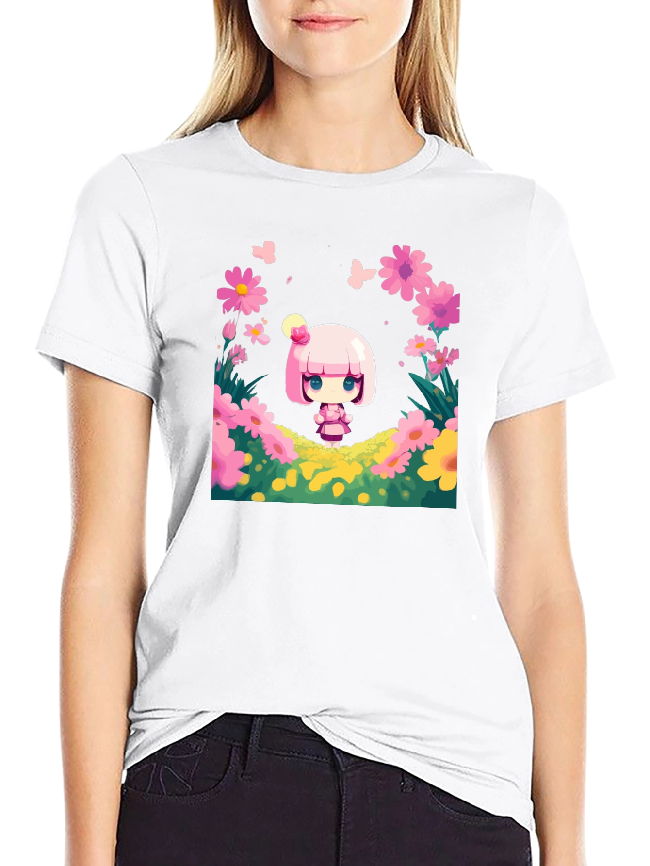 Cute Cartoon Girl Floral T-Shirt