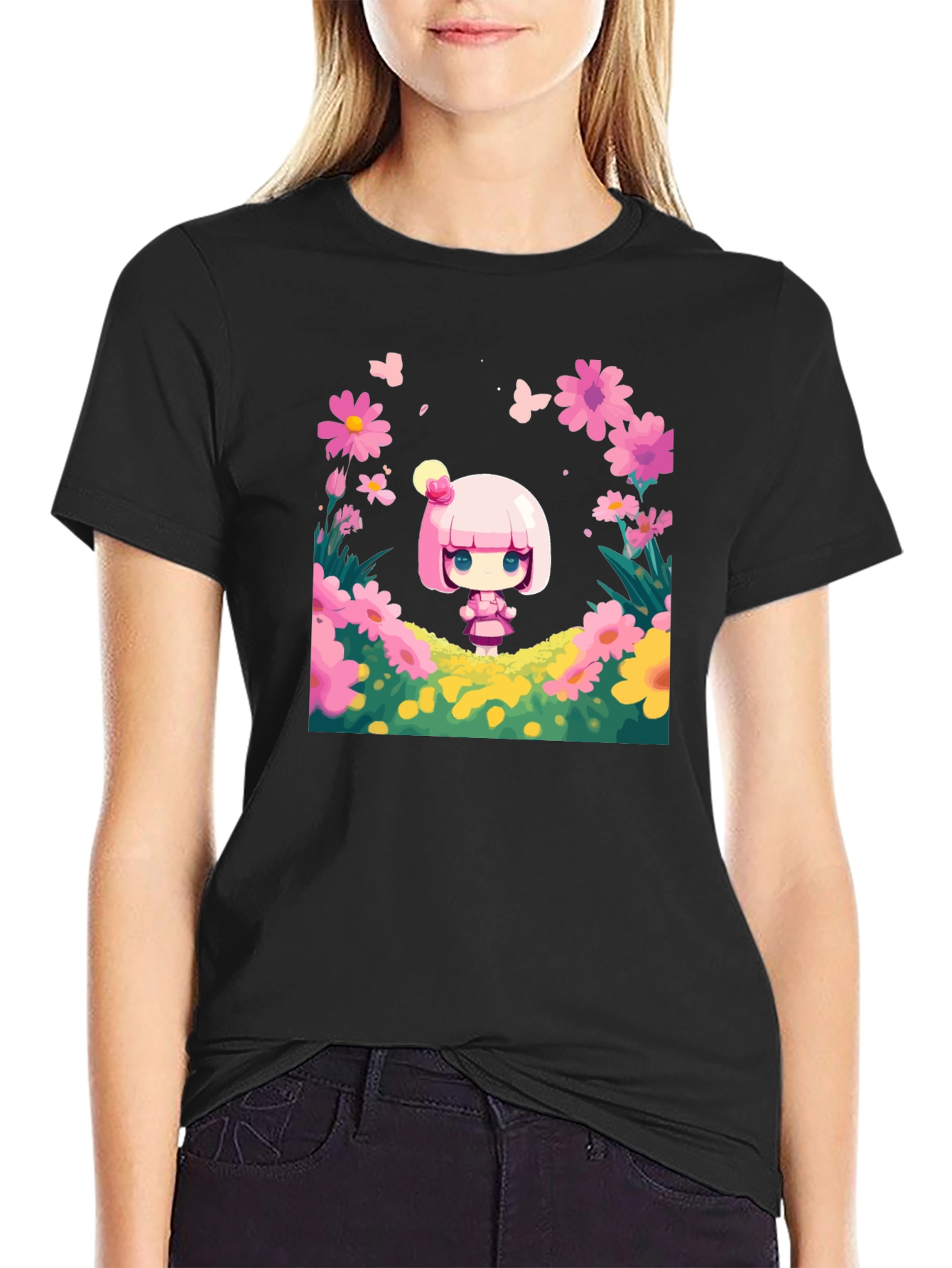 Cute Cartoon Girl Floral T-Shirt
