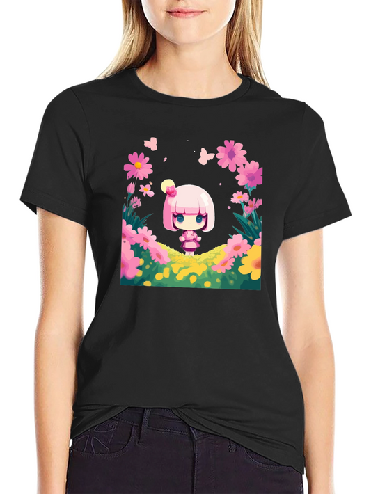 Cute Cartoon Girl Floral T-Shirt
