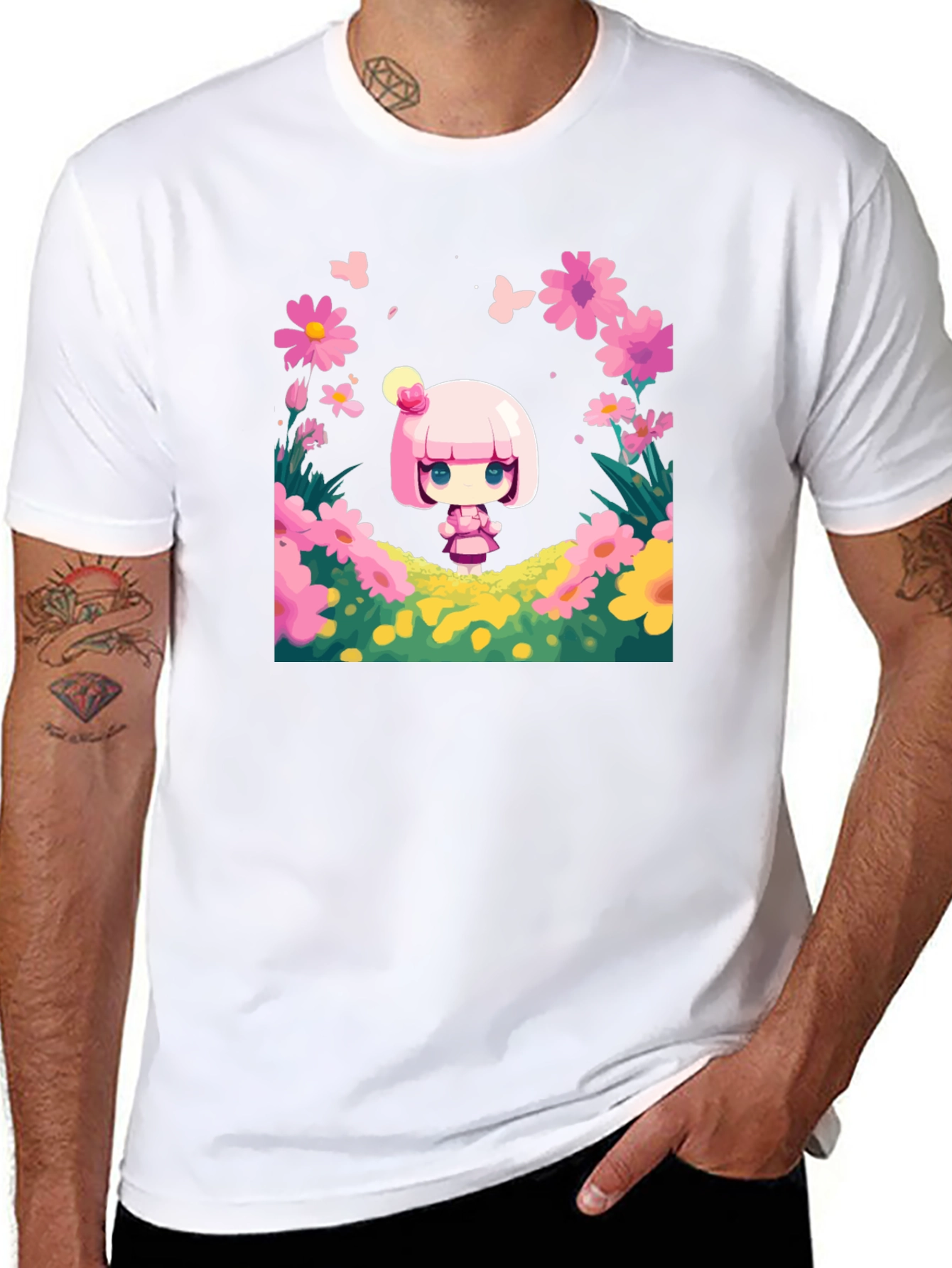 Cute Cartoon Girl Floral T-Shirt