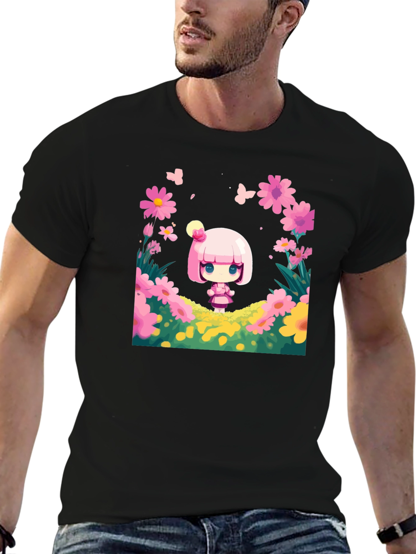 Cute Cartoon Girl Floral T-Shirt