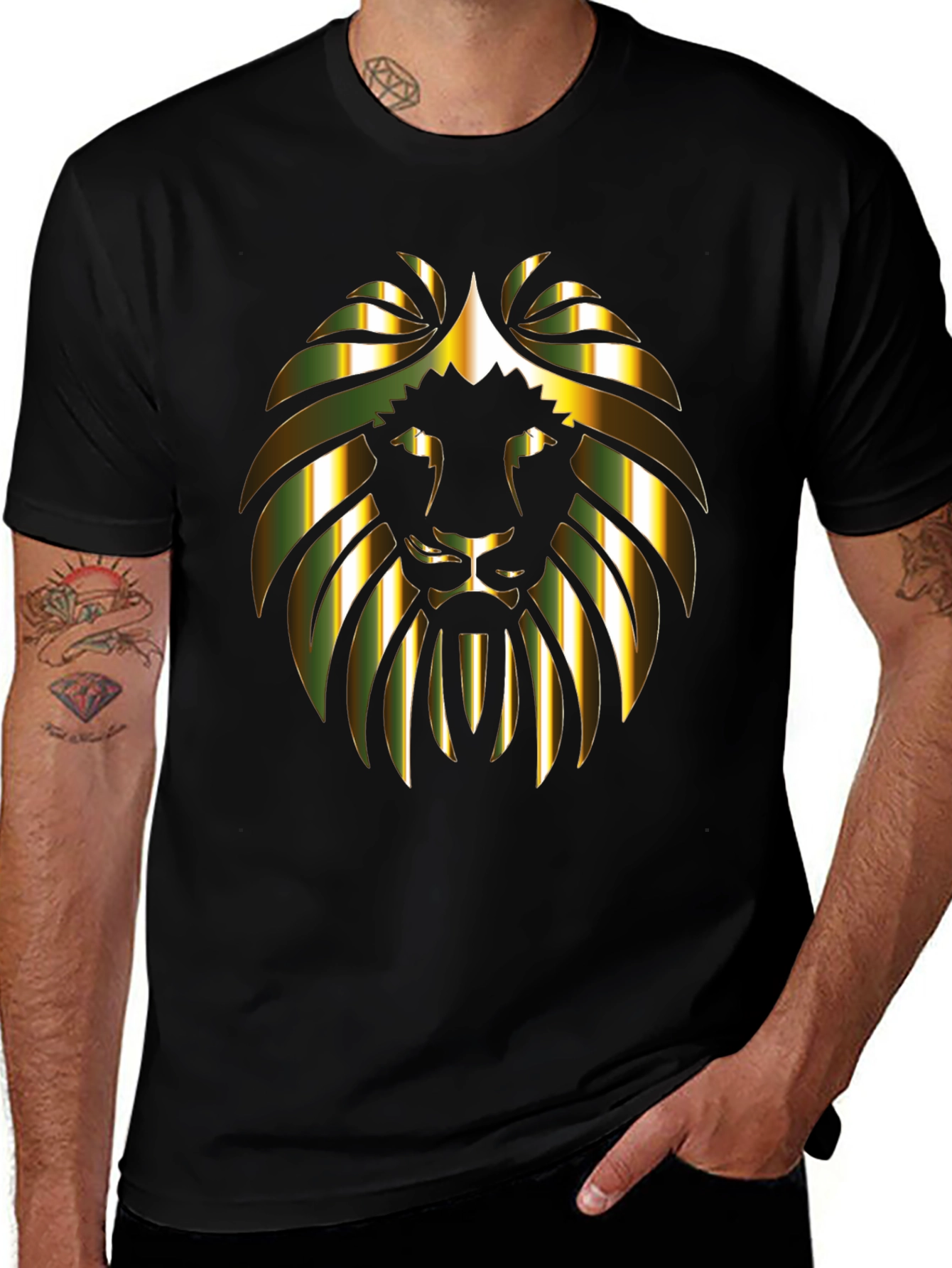 Gold Lion Graphic Print Black T-Shirt