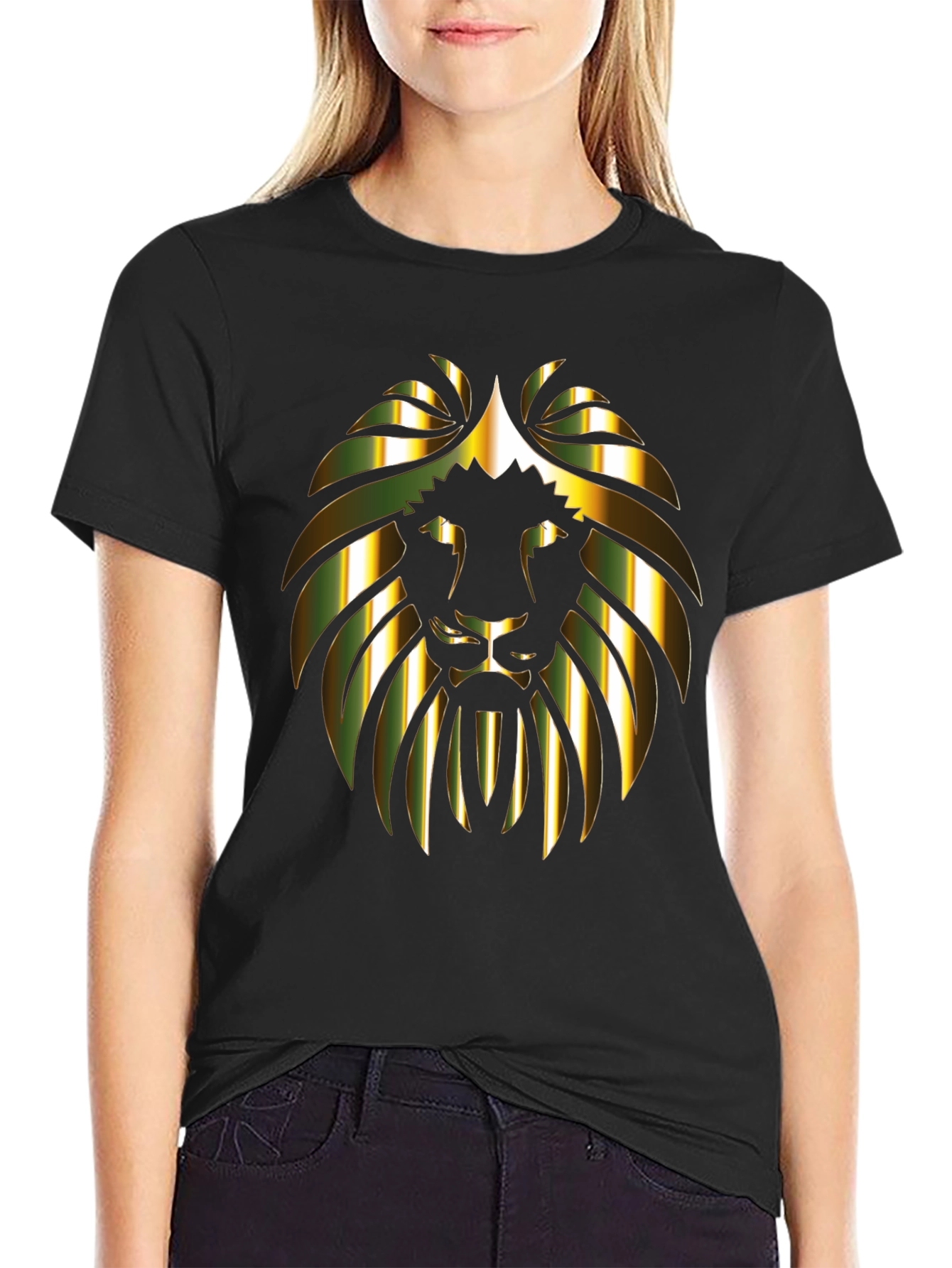 Gold Lion Graphic Print Black T-Shirt