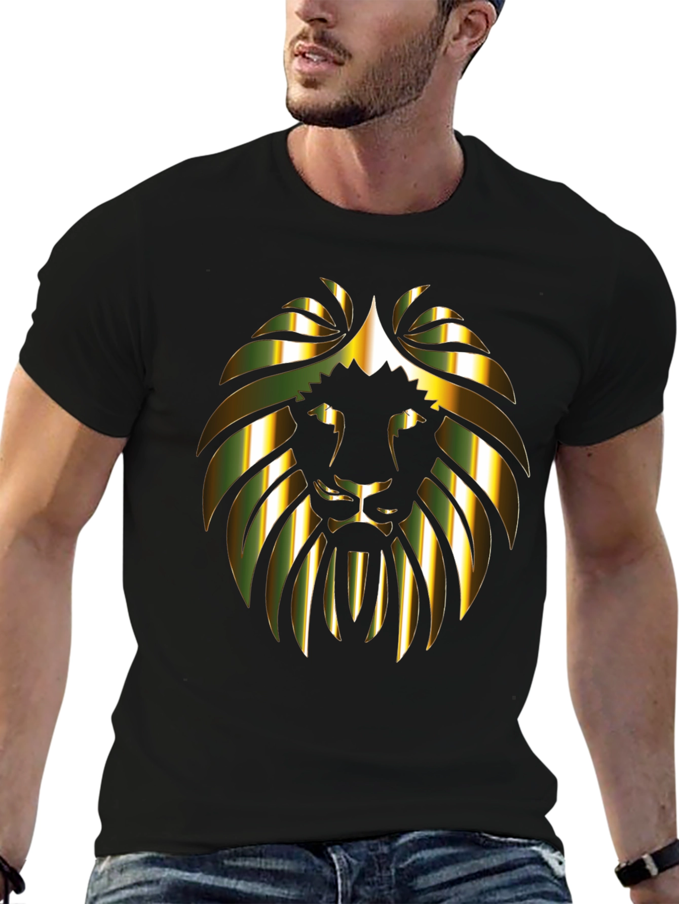 Gold Lion Graphic Print Black T-Shirt