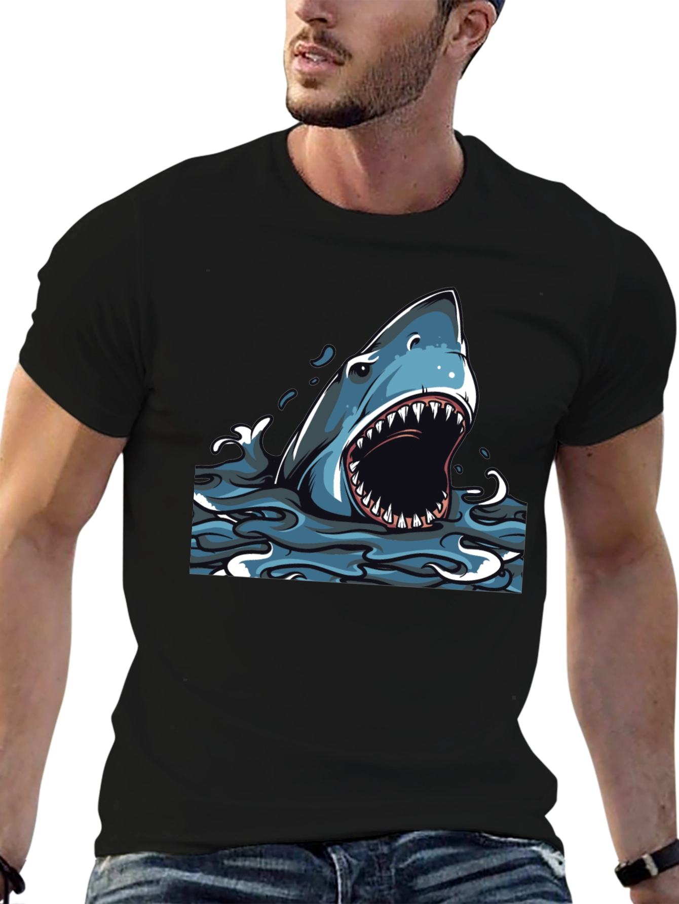 Shark Graphic Print Black T-Shirt