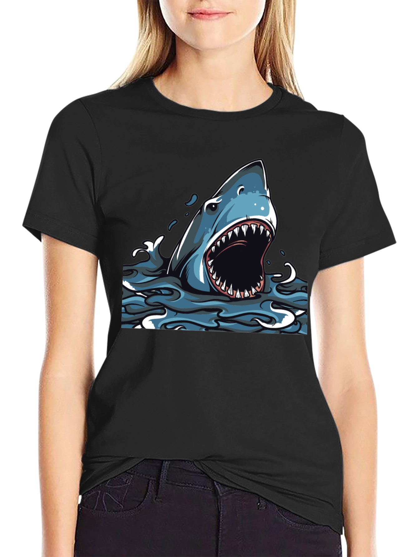 Shark Graphic Print Black T-Shirt