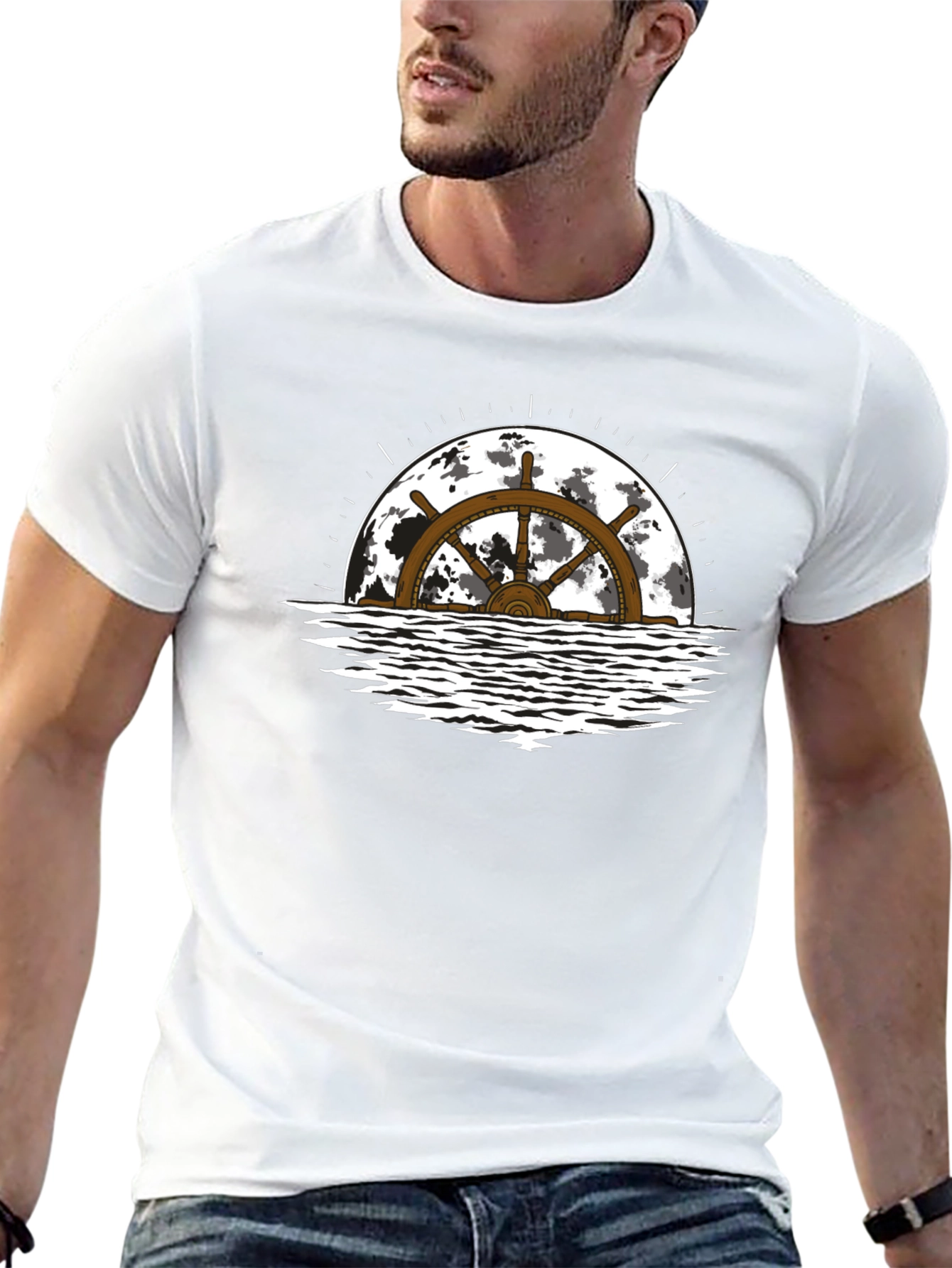 Nautical Wheel Moon Black T-Shirt