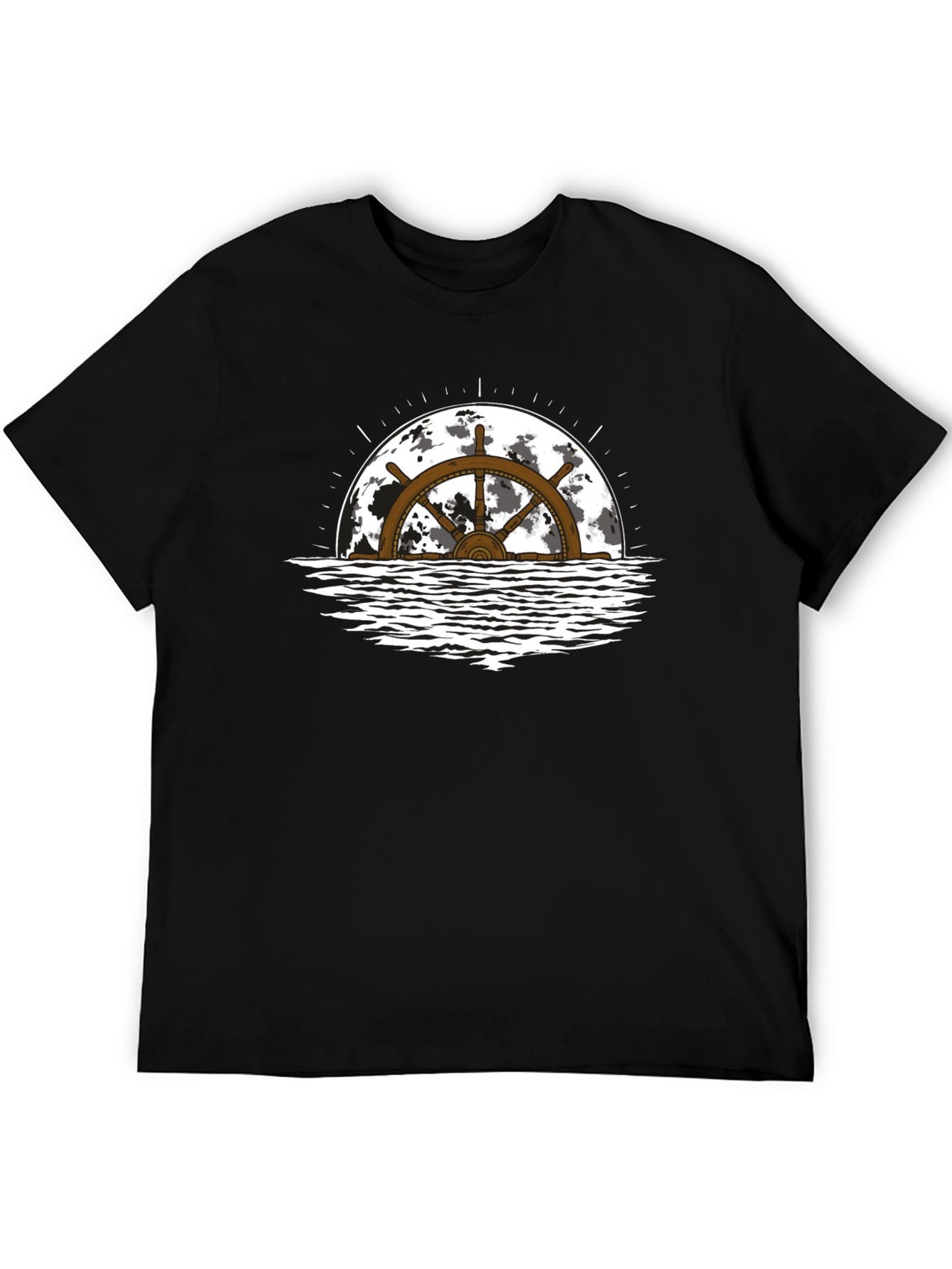 Nautical Wheel Moon Black T-Shirt