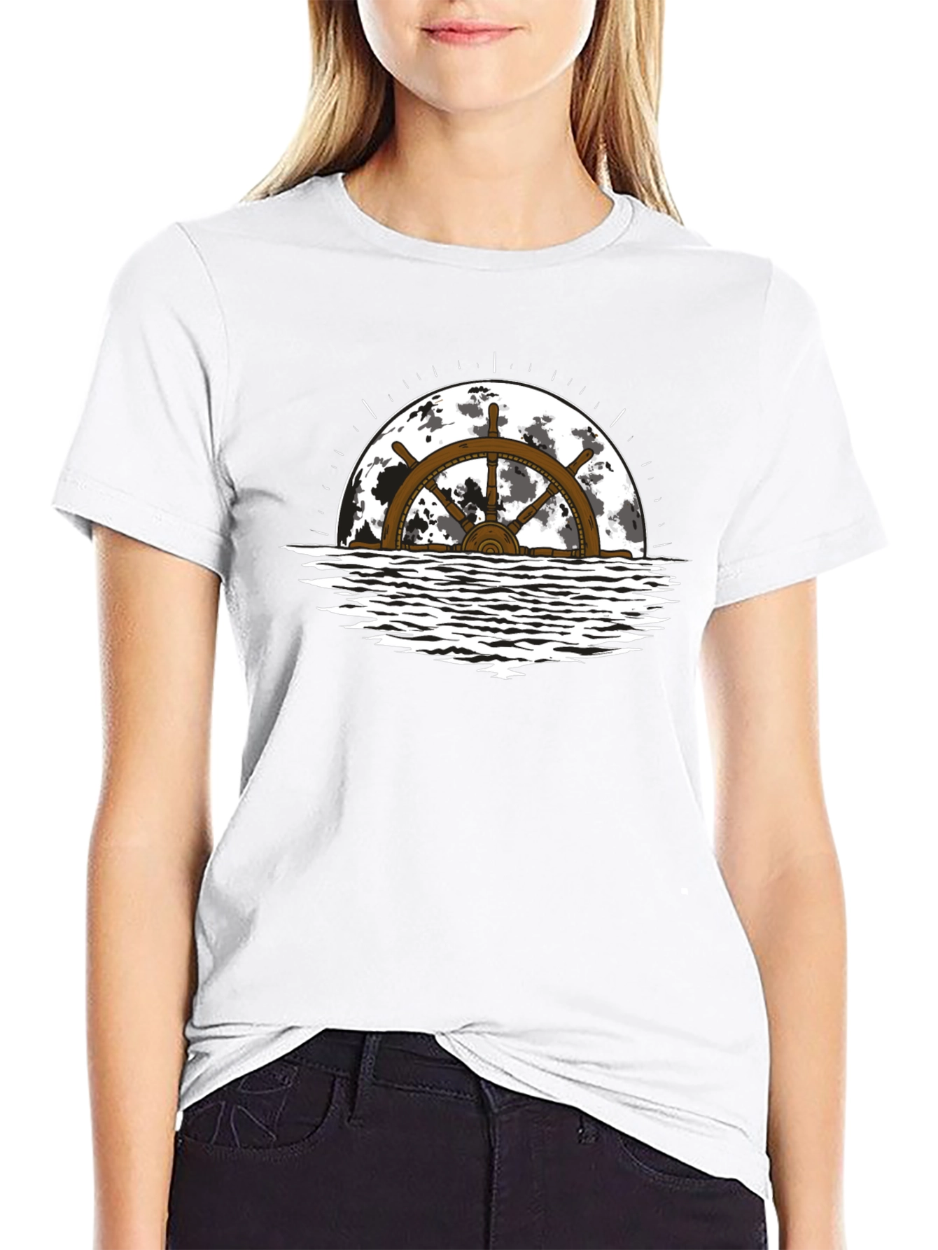 Nautical Wheel Moon Black T-Shirt