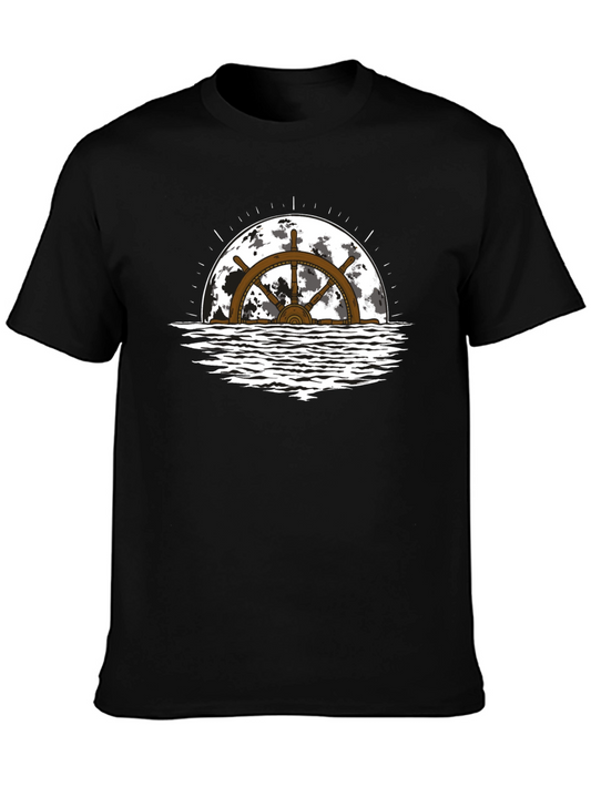 Nautical Wheel Moon Black T-Shirt