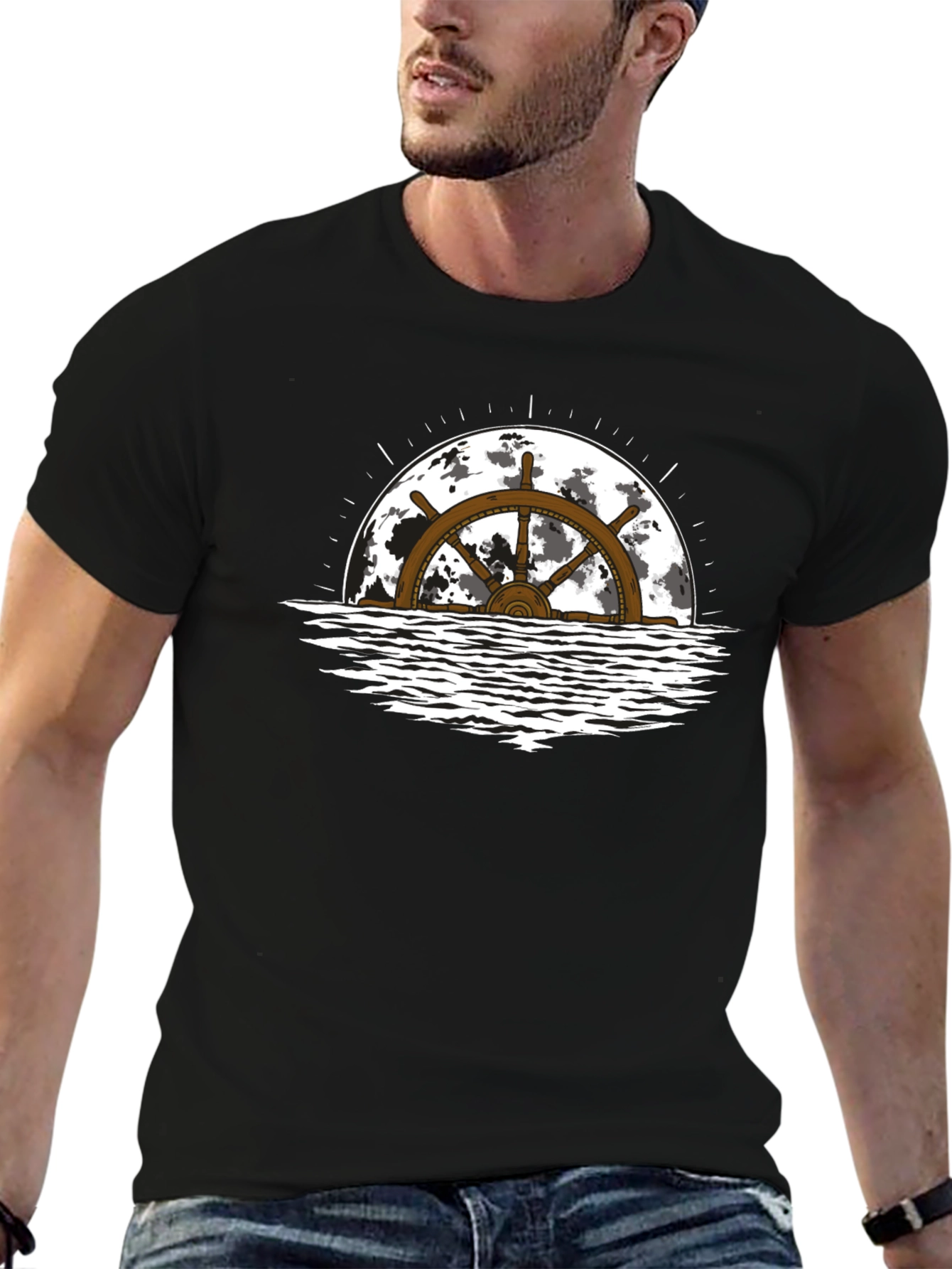Nautical Wheel Moon Black T-Shirt