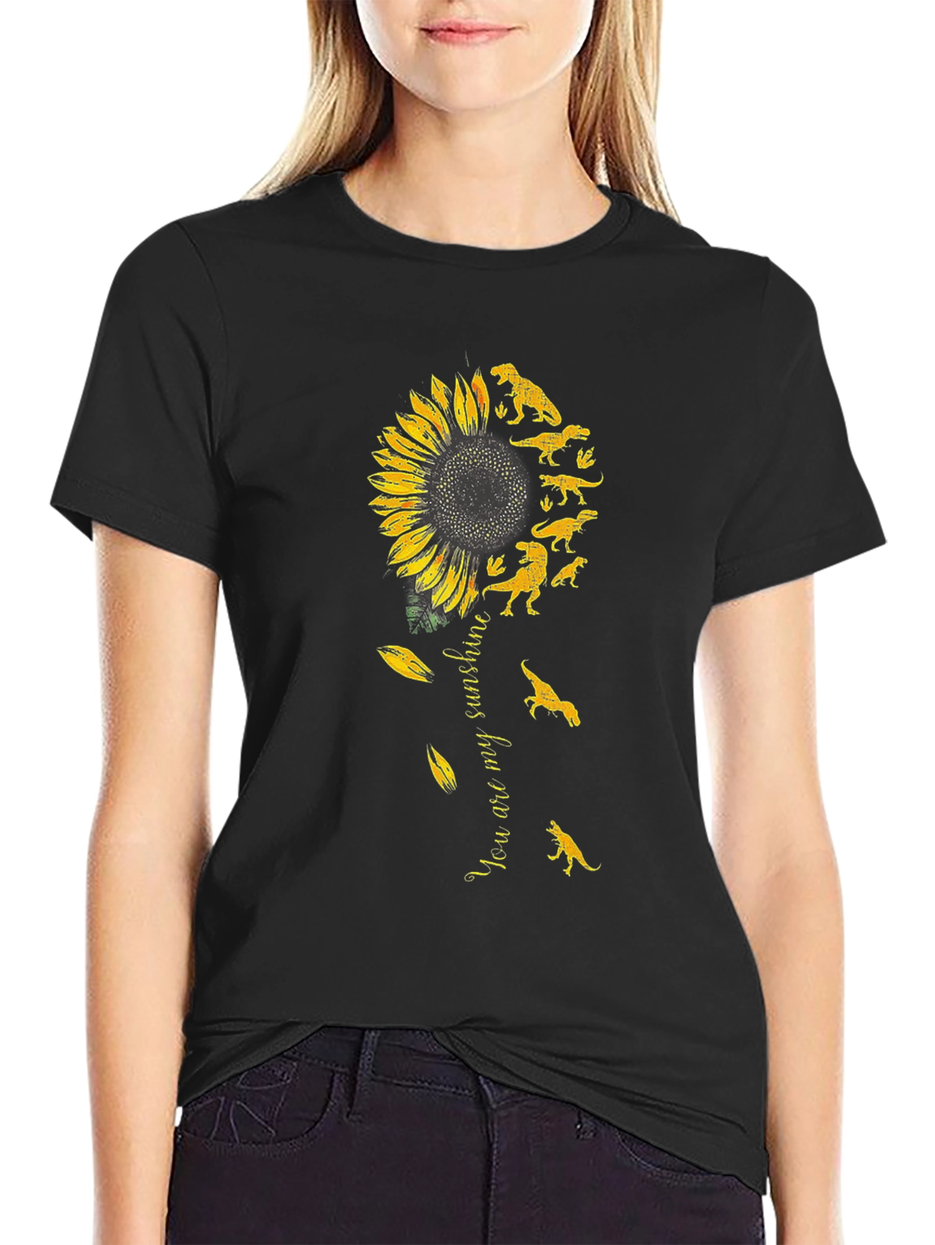 Dinosaur Sunflower Graphic Tee - Black