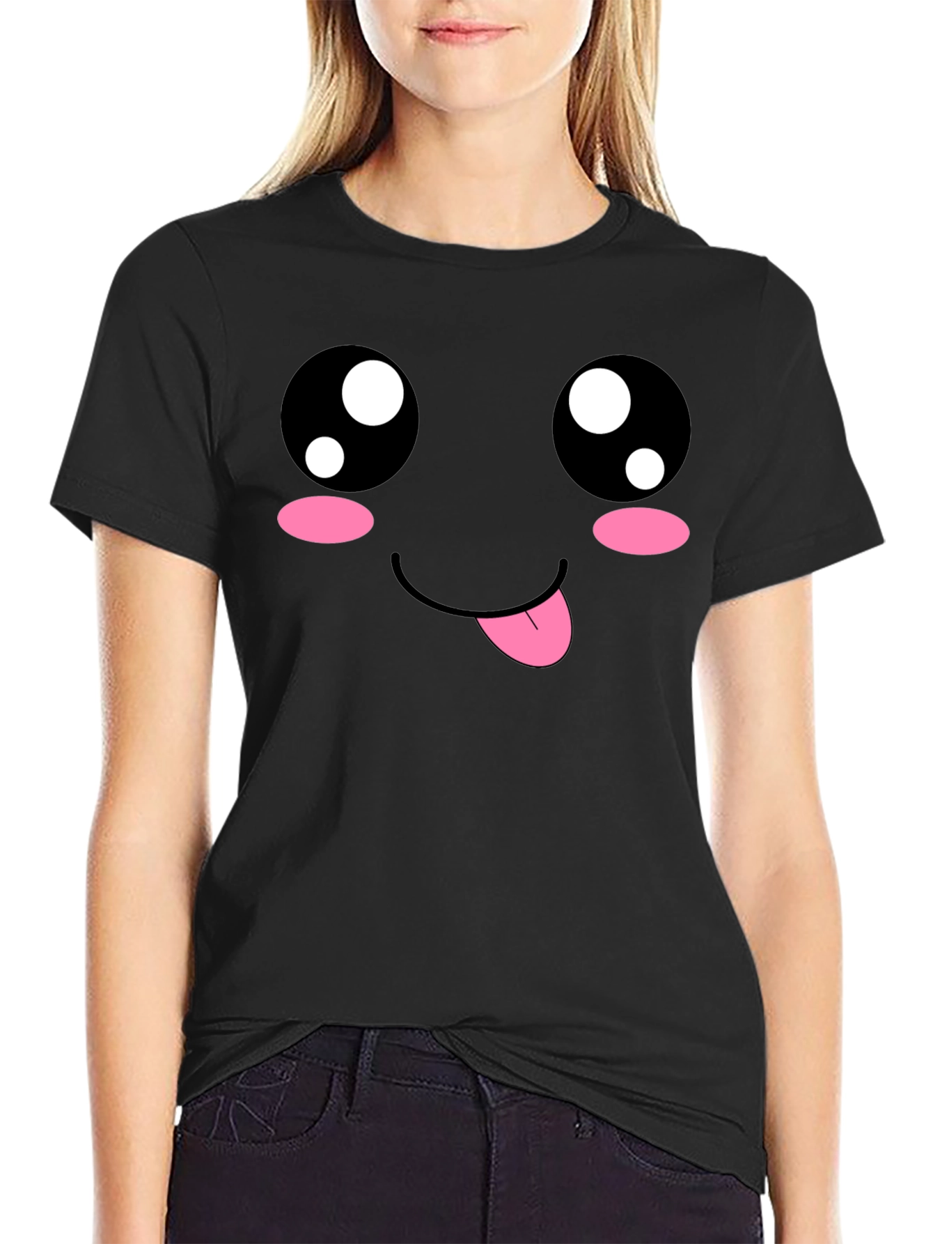 Kawaii Face Black T-Shirt - Cute Anime Style Tee