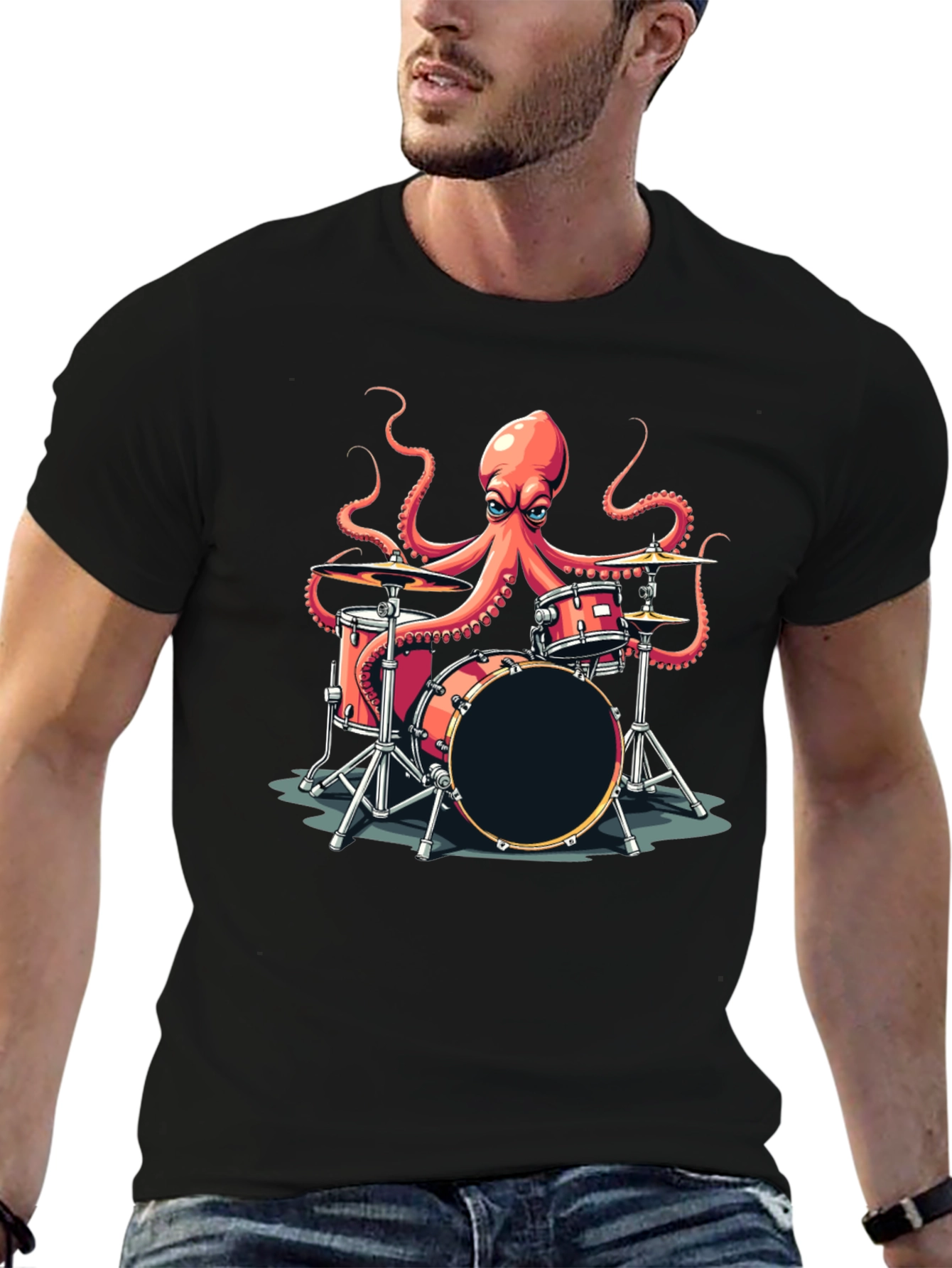 Octopus Drummer Graphic T-Shirt - Black