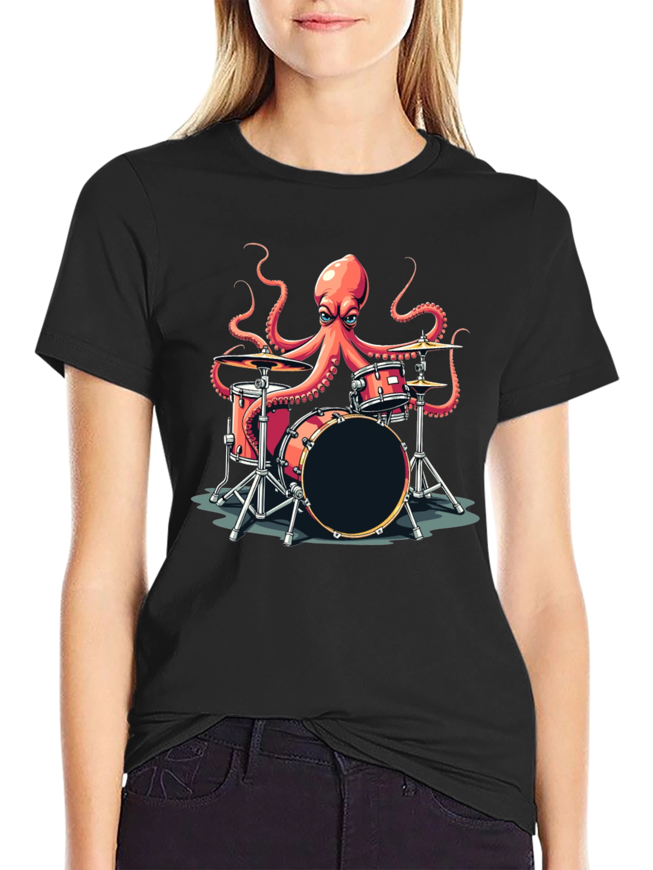 Octopus Drummer Graphic T-Shirt - Black