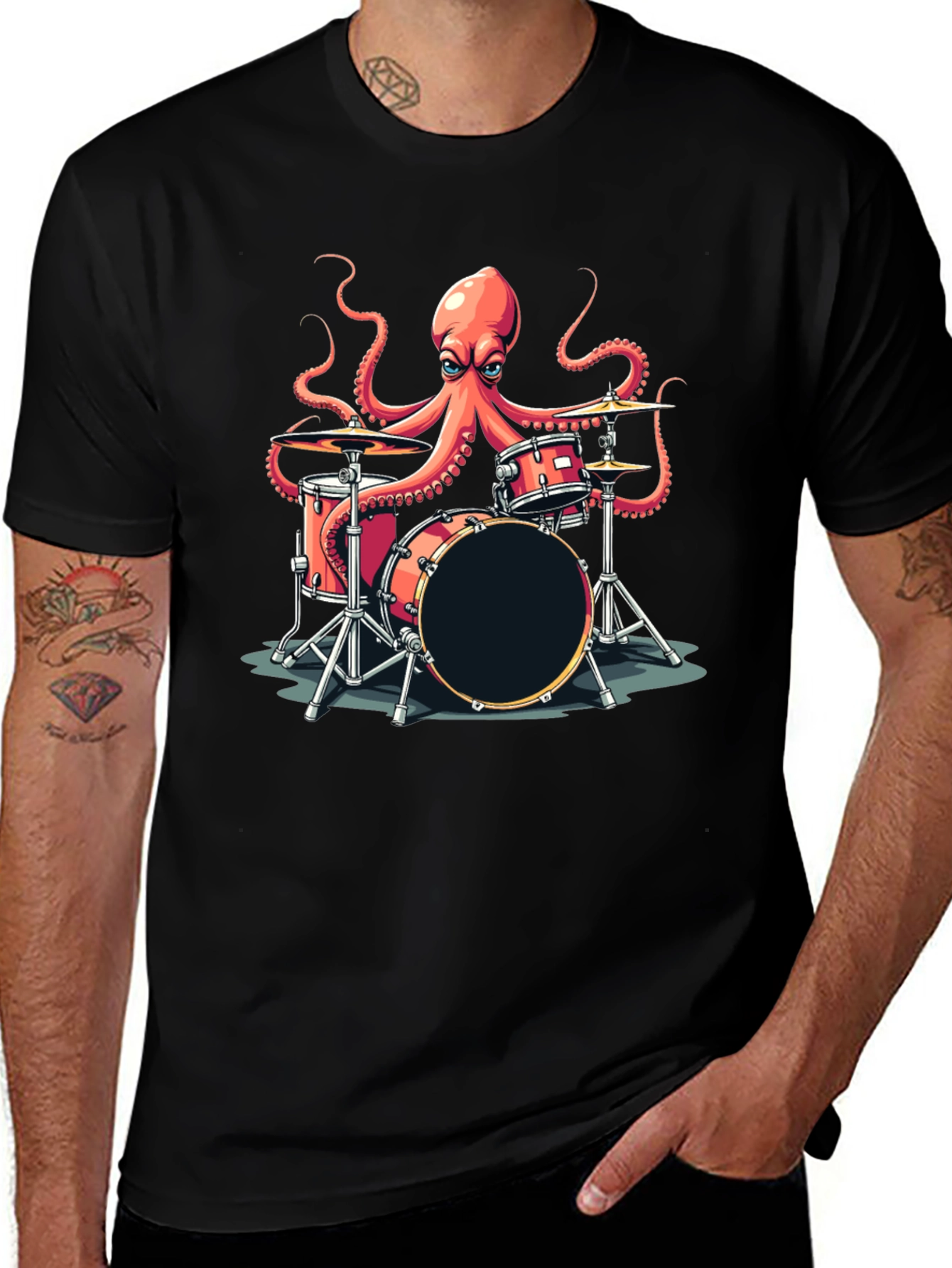 Octopus Drummer Graphic T-Shirt - Black