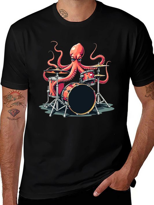 Octopus Drummer Graphic T-Shirt - Black
