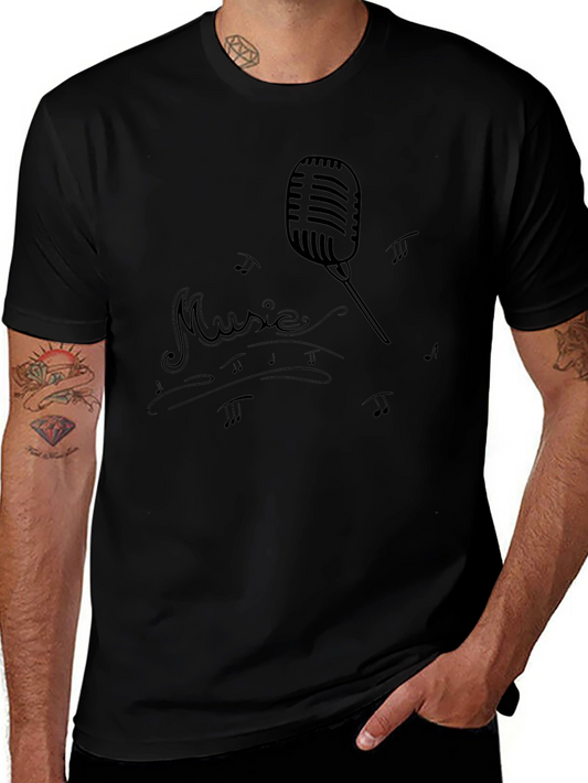 Retro Music Microphone Graphic Black T-Shirt