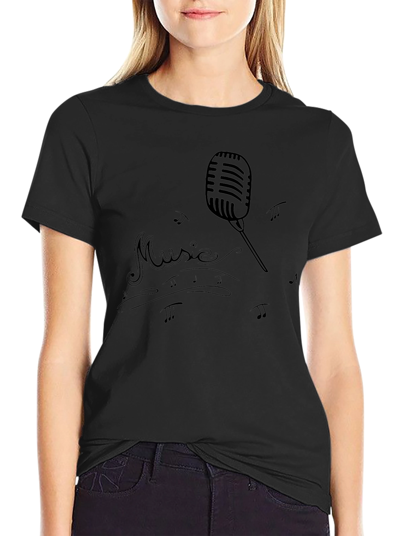 Retro Music Microphone Graphic Black T-Shirt