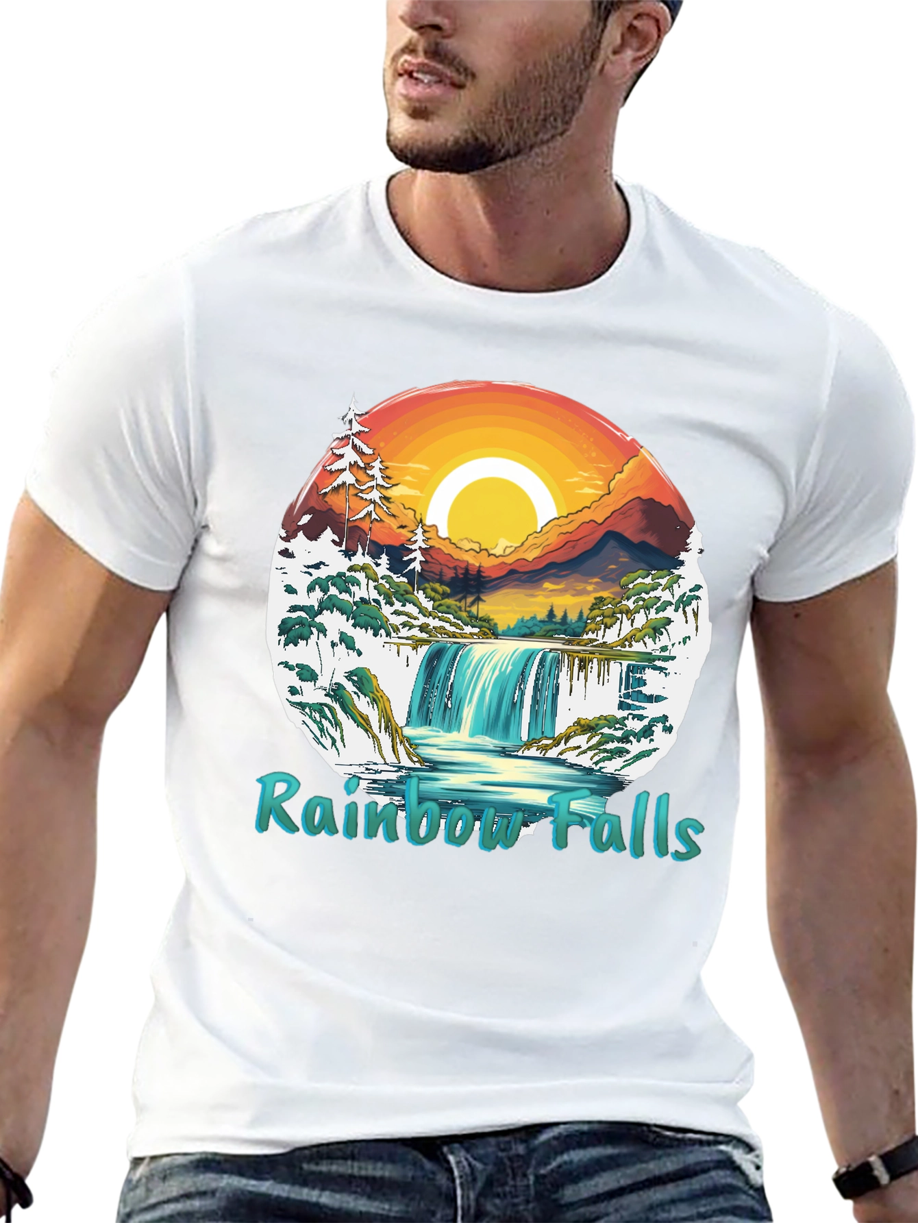 Rainbow Falls Graphic T-Shirt - Nature Landscape Tee
