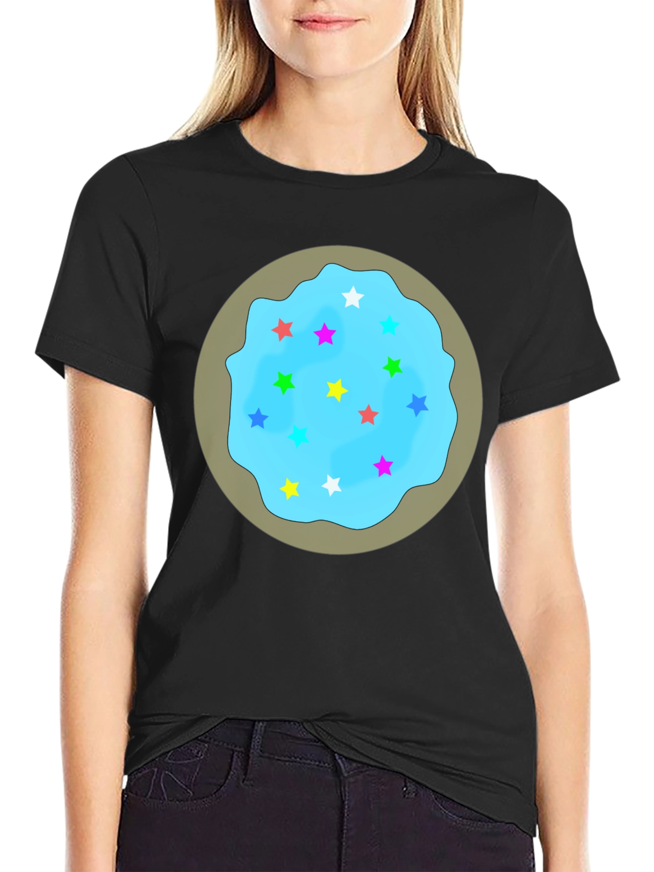 Novelty Star Cookie Graphic Tee - Casual Black T-Shirt
