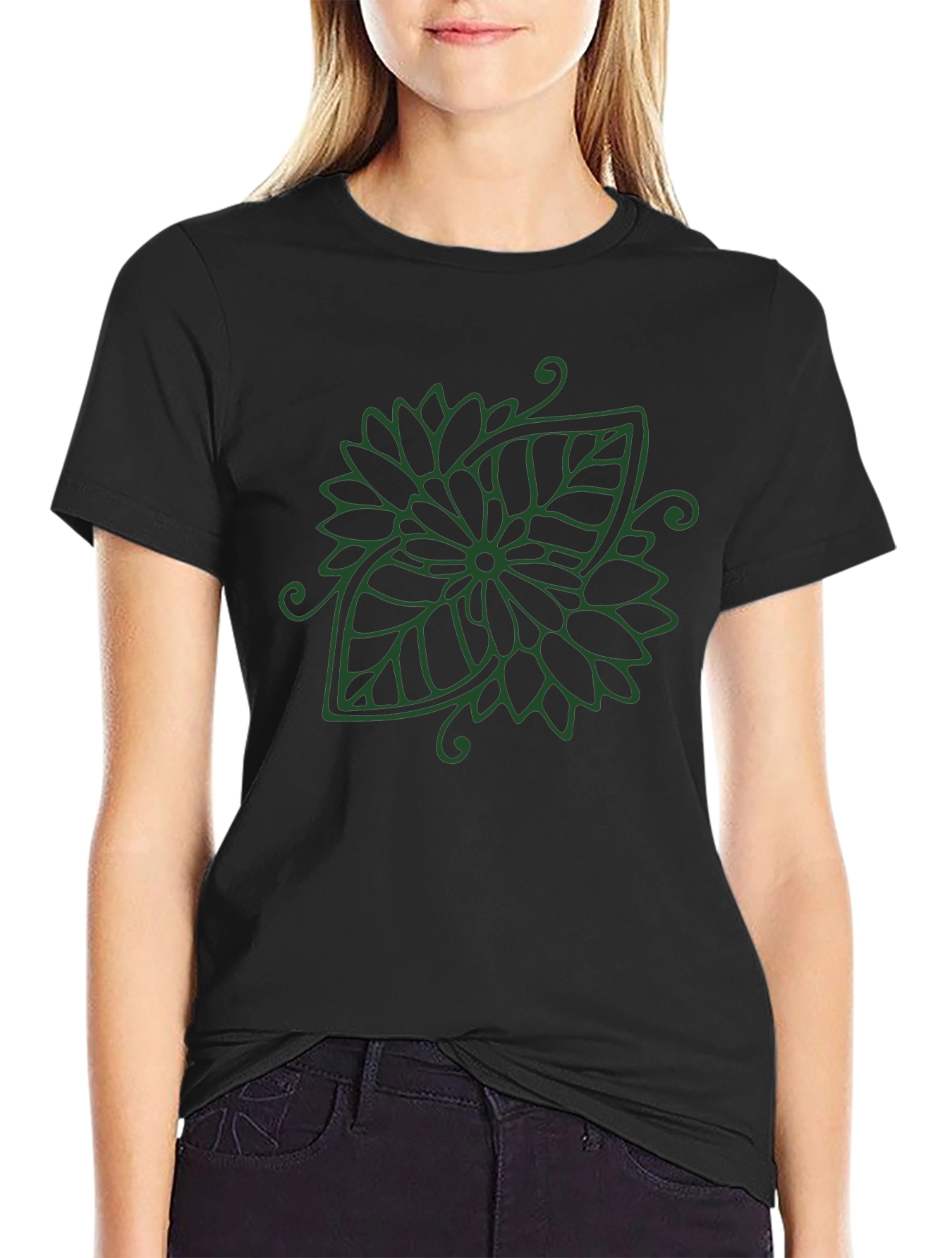 Leaf Mandala Black T-Shirt - Nature Inspired Design