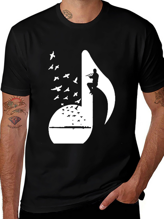 Musical Note Flute Player Graphic Tee - Black Cotton T-Shirt