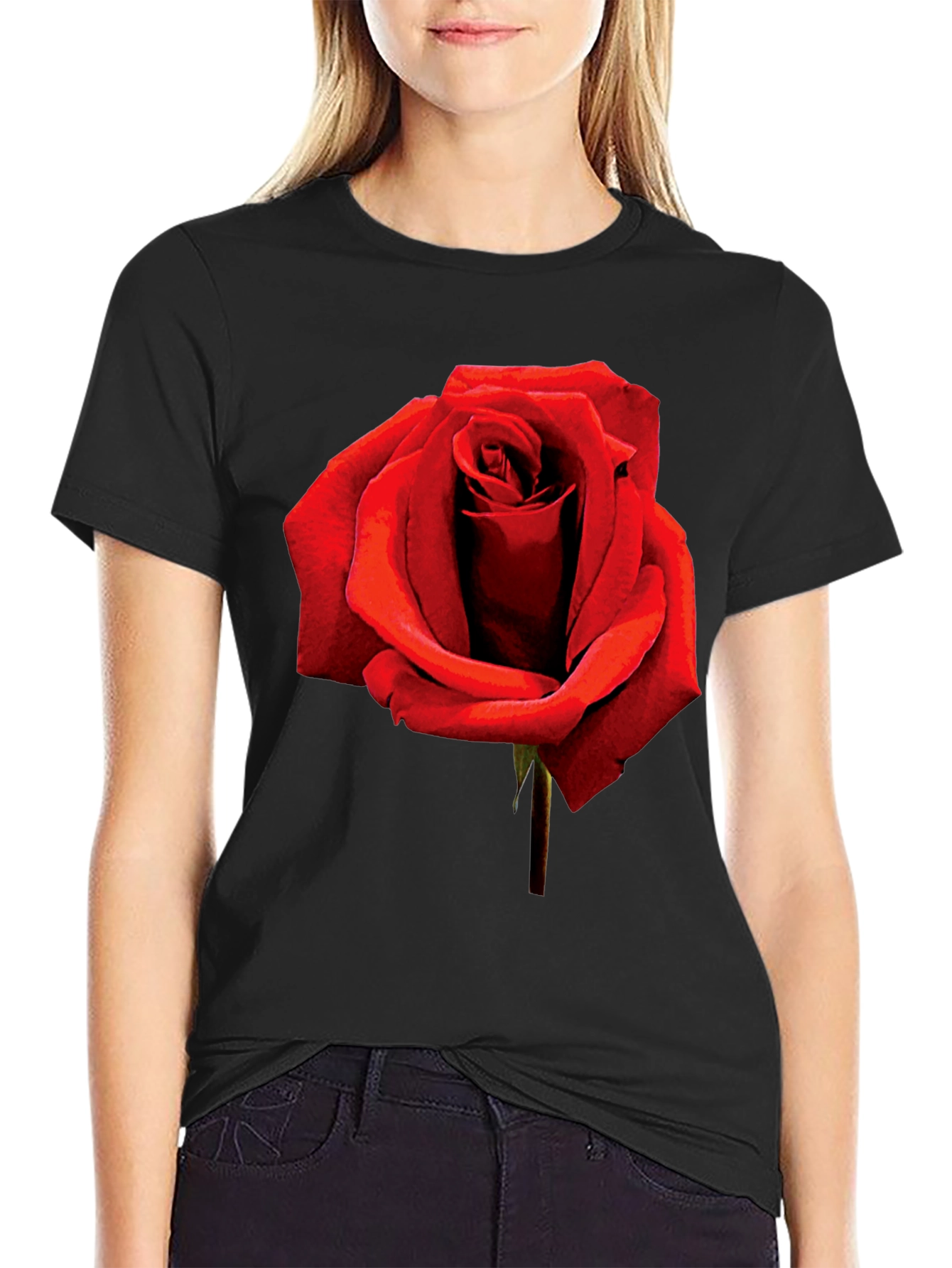 Red Rose Graphic Tee - Black Cotton T-Shirt